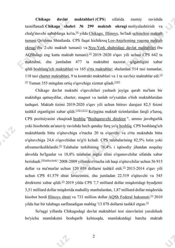 etdi.[5] 2013-2014 o'quv yili uchun cps 41.579 shtat lavozimini, shu jumladan 22.519 o'qituvchi va 545 direktorni xabar qildi.[5] 2019 yilda cps 7,7 milliard dollar miqdoridagi byudjetni 3,51 milliard dollar miqdorida mahalliy manbalardan, 1,87 milliard dollar miqdorida hisobot berdi illinoys shtati va 733 million dollar aqsh federal hukumati.[5] 2010 yilda har bir talabaga sarflanadigan mablag '13 078 dollarni tashkil etgan.[5] so'nggi yillarda chikagodagi davlat maktablari test sinovlarini yaxshilash bo'yicha mamlakatni boshqarib kelmoqda, mamlakatdagi barcha maktab tumanlarining 96 foiziga nisbatan tezroq o'rganilgan va 2020 yilga kelib maktab bitiruvchilarining eng yuqori ko'rsatkichi.[13][14][15] tarix chikago 1800-yillarda savdo forposti sifatida boshlanganligi sababli, etarli mablag 'va o'qituvchi xodimlarga ega bo'lgan shahar bo'ylab maktab tizimi paydo bo'lishi uchun bir necha yil kerak bo'ldi. 1848 yildayoq, 12-chi birinchi davr mobaynida chikago meri, jeyms xatchinson vudvort, shaharning davlat maktab tizimiga bo'lgan ehtiyoji shahar kengashi tomonidan tan olingan. tizimning oliy ta'lim standarti shahar meri tomonidan uning sobiq o'qituvchi sifatidagi falsafasini …