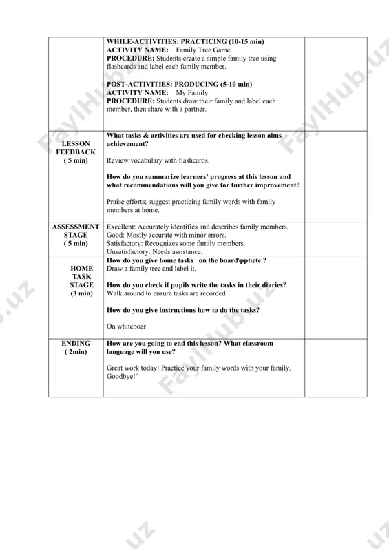 tisfactory: recognizes some family members. unsatisfactory: needs assistance. home task stage (3 min) how do you give home tasks on the board\ppt\etc.? draw a family tree and label it. how do you check if pupils write the tasks in their diaries? walk around to ensure tasks are recorded how do you give instructions how to do the tasks? on whiteboar ending ( 2min) how are you going to end this lesson? what classroom language will you use? great work today! practice your family words with your family. goodbye!”