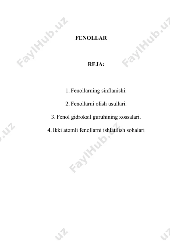 3.nitrolash: nitrit kislota ta’siri: agar natriy fenolyat so2 atmosferasida bosim ostida qizdirilsa, salitsil kislota tuzi hosil bo‘ladi: salitsil kislotani natriy fenolyatga ccl4 ta’sir ettirib ham olish mumkin: xloroform ta’sirida esa salitsil aldegidi hosil bo‘ladi (reymer timan): fenolning formaldegid bilan kondensatsiyalanishi natijasida fenol-formaldegid smolalar hosil bo‘ladi: ikki atomli fenollar pirokatexin o-dixlorbenzolni gidroliz qilib olinadi, rezorsin esa m-benzoldisulfokislotani ishqor bilan ta’sirlanishi natijasida hosil bo‘ladi. gidroxinon esa p-benzoxinonni qaytarib olinadi. pirokatexin va gidroxinon fotografiyada ishlatiladi. aromatik spirtlar aromatik spirtlarni sintez qilish uchun gidroliz, metallorganik sintez, karbonil guruhni qaytarish kabi ma’lum usullardan foydalaniladi. aromatik karbon kislotalar bu sinf birikmalari aromatik uglevodorodlarning karboksil guruhi tutgan hosilalaridir. eeng oddiy bir asosli aromatik kislota benzoy kislota deb ataladi: molekulasida ikkita karboksil guruhi tutgan ikki asosli kislotalarga ftal kislotalar deb ataladi: bularning ichida o- va p- ftal kislotalar amaliy ahamiyatga ega. aromatik uglevodorodlarning yon zanjirini kmno4 yoki k2cr2o7 ishtirokida oksidlash: 4. grinyar reaksiyasi: xossalari aromatik karbon kislotalari o‘zlarining …