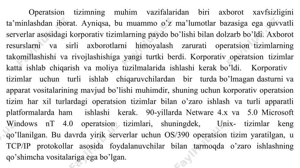 nlash hisoblanadi. foydalanuvchiga resurs ma’nbai, belgili manzilini bilish, bu resursga sо’rovni shakllantira olish va amaliy ishlov berish bо’ladi. bu holda, foydalanuvchi uning masalasi (topshirig’i) tarmoqning qaysi kompyuterida bajarilayotganligini bilmasligi ham mumkin. kompyuter tarmog’i kompyuterlarning har biriga о’rnatilgan tarmoq operatsion tizimlarini boshqargan holda ishlaydi. tarmoq operatsion tizimlarining arxitekturasi bir rutbali va serverli tarmoq operatsion tizimlari tarmoq kompyuterlari orasidagi vazifalarning qanday taqsimlanganligiga bog’liq ravishda ular uchta turli xil vazifalarni bajarishi mumkin: - faqat boshqa kompyuterlarning so’rovlariga xizmat ko’rsatish bilan shug’ullanadigan kompyuter tarmog’ining ajratilgan serveri vazifasini o’taydi; boshqa mashinaning resurslariga so’rovlar bilan murojaat qiladigan kompyuter mijozli bog’lama vazifasini bajaradi; mijoz va server vazifasini birgalikda bajaruvchi kompyuter bir rutbali bog’lama hisoblanadi. ko’rinib turibdiki, tarmoq faqat mijoz yoki server tugunlaridan iborat bo’la olmaydi. kompyuterlarning o’zaro ishlashini ta’minlaydigan tarmoq quyidagi sxemalarning biri bo’yicha qurilishi mumkin: bir rutbali bog’lamalar asosidagi tarmoq bir rutbali tarmoqdir; mijozlar va serverlar asosidagi tarmoq ajratilgan serverli tarmoq bo’ladi; barcha turdagi bog’lamalarni ichiga …