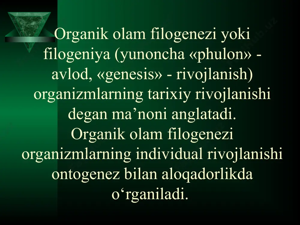 organ (jabra, o‘pka)larining paydo bo‘lishi; qon aylanish sistemasi va yurakning paydo bo‘lishi; yuksak tuzilgan organizm (qushlar, sutemizuvchi)larda arterial va venoz qonning aralashmasligi natijasida vujudga kelgan issiqqonlilik paydo bo‘lishi misol bo‘ladi. o`simliklar dunyosidagi aromorfozlar o‘simliklarning suv muhitidan quruqlikda yashashga o`tishi; spora bilan ko‘payishdan urug‘ orqali ko‘payishga o‘tishi; yopiq urug‘lilarning kelib chiqishi. aromorfozlar evolutsiyaning keyingi bosqichlarida saqlanib qoladi, yangi sistematik birliklar: bo‘lim, tip va sinflarning paydo bo‘lishiga sabab bo‘ladi. allogenez - (yunoncha «allos» - o‘zgacha, boshqa, «genesis» - rivojlanish) organizmlarda tashqi muhit sharoitiga moslanish jarayonida yangi belgi-xususiyatlar asosida xususiy moslanish (idioadaptatsiya)ni vujudga keltiradigan evolutsion yo‘nalish sanaladi. bunday moslanishlar har bir turga mansub individlarning muayyan yashash muhitiga moslanishi uchun birmuncha qulaylik tug‘diradi va biologik progressga sababchi bo‘ladi. mazkur o‘zgarishlar organizmlarning muayyan ekologik muhitiga moslanish imkonini berganligi sababli ekologik differensiatsiya ham deyiladi. biologik progress ba’zan organizm tuzilishining soddalashuvi hisobiga ham sodir bo‘ladi. filogenezda mazkur yo‘nalish katagenez deb ataladi. katagenez - («kata» - tuban tomonga …