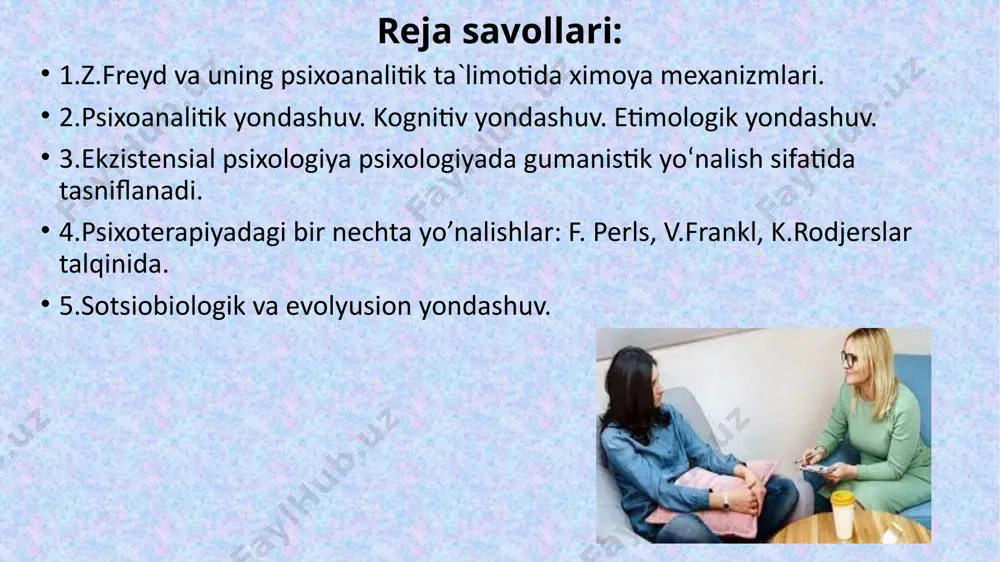 stress yoki xavfli holatlarda bola bo'lib, o'zini oldingi rivojlanish bosqichiga qaytadi. masalan, kattalar, xavfli vaziyatlarda, bolalikda xulq-atvorlarni (masalan, isyon qilish yoki qo'llarni so'rash) ko'rsatishlari mumkin. 4. projection (proyeksiya): bu mexanizmda shaxs o'zining salbiy his-tuyg'ularini yoki xatti-harakatlarini boshqa odamlarga nisbatan joylashtiradi. masalan, bir kishi o'zidagi tajovuzkorlikni boshqalarda ko'rishi mumkin. 5. rationalization (ratsionalizatsiya): bu mexanizmda odam o'zining xatolarini yoki kamchiliklarini maqbul sabablar bilan tushuntirishga harakat qiladi. masalan, bir kishi ishni yo'qotganida, "bu ishni men uchun mo'ljallamagan edi" deb o'ylashi mumkin. 6. sublimation (sublimatsiya): bu mexanizmda odam o'zining salbiy yoki ijtimoiy jihatdan qabul qilinmagan hissiyotlarini va istaklarini ijtimoiy jihatdan qabul qilinadigan faoliyatga aylantiradi. masalan, agresivlikni sport yoki san'atga yo'naltirish. freudning ta'limotiga ko'ra, ximoya mexanizmlari shaxsiy rivojlanishning muhim bir qismidir, ammo ularning uzoq muddatli yoki haddan tashqari ishlatilishi insonning ruhiy salomatligiga zarar etkazishi mumkin. psixoanalitik, kognitiv va etimologik yondashuvlar psixologiya va psixoterapiya sohalarida turli nuqtai nazarlarni ifodalaydi va har biri inson ruhiy holati va …