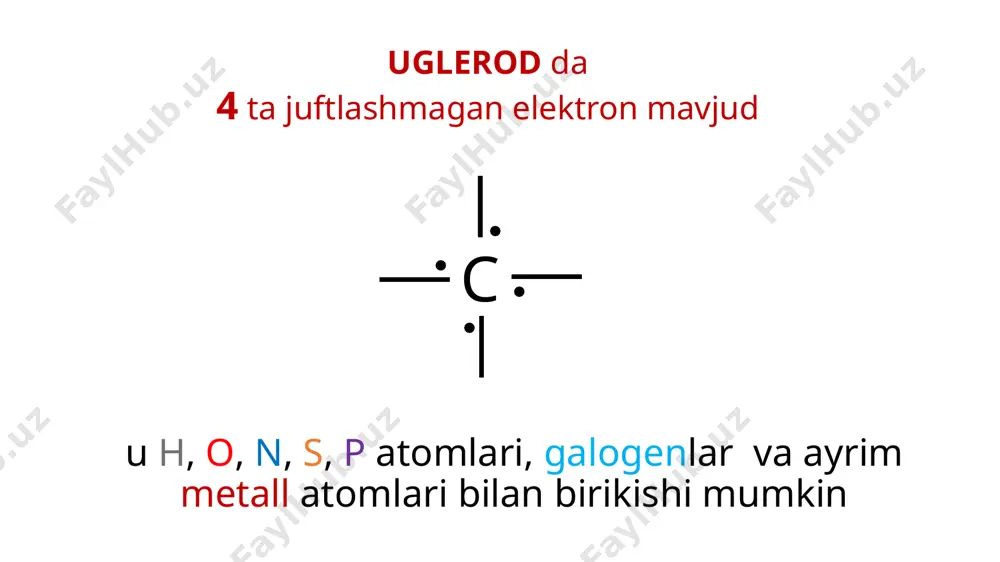 tufayli reaksiya sekin boradi va olinishi kerak bo’lgan modda to’liq hosil bo’lmaydi. a. m. butlerovning kimyoviy tuzilish nazariyasi hamda organik kimyoning rivojlanishi xix asrning boshlari noorganik birikmalar oddiy radikallardan, organik birikmalar esa murakkab radikallardan tashkil topgan bo’lib, bu radikallar kimyoviy jarayonlar natijasida bir birikma tarkibidan ikkinchi birikma tarkibiga o’zgarmasdan o’tadi radikallar nazariyasi radikal - atom yoki atomlar guruhi a. m. butlerovning kimyoviy tuzilish nazariyasi hamda organik kimyoning rivojlanishi nemis olimi libix achchiq danak moyidan foydalanib tarkibida benzoil radikali –c6h5co- bo’lgan benzoil aldegidini c6h5cho; benzoy kislotani – c6h5cooh benzoil xloridni c6h5cocl va boshqalarni ajratib oldi va ularning tarkibida o’zgarmaydigan –c6h5co- gruppaning borligini aniqladi. justus von liebig (1803-1873) ko’pchilik kimyogarlar organik moddalar reaksiyaga kirishib, boshqa moddalarga aylanganida ularning molekulalaridagi ma’lum bir atomlar gruppalarining o’zgarmasligini kuzatdilar. h3c−ch2−oh + [o] → h3c−coh + [o] → h3c−cooh etil spirt sirka aldegid sirka kislota ch3− gruppa bunday atomlar gruppasi «radikallar» deyilib, organik moddalar radikallardan tashkil topgan, …