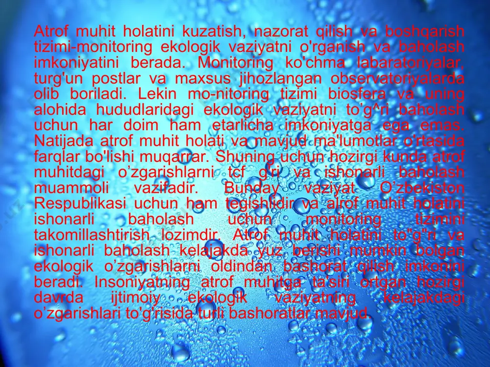 kam o’rin berilgan. ekologik axborot tizimi yaxshi shakillanmagan. bu muammolar yaqin yillar ichida ijobiy hal qilinishi lozim. xxi asr-ekologiya asri bo’lishi shubhasizdir. xar bir inson ona sayyoramiz tabiatni ziyon yetkazmasdan o’zgartirishi, tabiiy boyliklardan oqilona foydalanish va yashash muhitini saqlashdek muqaddas ishga o’zining munosib hissasini qo’shishi lozimdir. yurtimizda jismonan yosh avlodning dunyoga kelishi va rivojlanishi uchun barcha zarur sharoitlar yaratilmoqda. sog’lom turmush tarzini shakllantirishni toza atrof muhitsiz, boshqacha qilib aytganda ekologik xavfsiz tabiiy muhitsiz bir yoqlama tasavvur etib bo’lmaydi. sog’lom turmush tarzi hamda atrof muhit bir-biri bilan o’zaro chambarchas bog’langandir. sog’lom atrof muhit, tabiiy muhitning toza va musaffoligi bolalarning sog’lom va yetuk voyaga yetishining asosiy omillaridan biridir. ekologik muammo taraqqiyot, xavfsizlik, aholining turmushi va bevosita odamlar hayotining davomiyligiga ta’sir ko’rsatib, ayniqsa aholining eng yosh qismi bo’lgan bolalar hayotiga katta xavf soladi. sir emaski, ifloslangan, zaharlangan atrof-muhit birinchi navbatda hali yosh, endi rivojlanib shakllanib borayotgan organizmga katta ta’sir ko’rsatadi, uning fiziologik va …