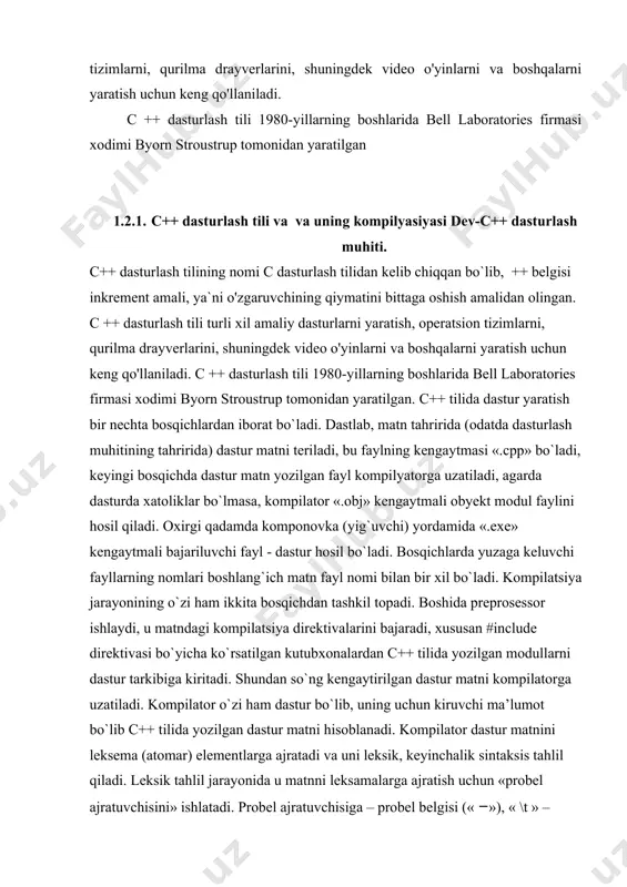 ngan. c ++ dasturlash tili turli xil amaliy dasturlarni yaratish, operatsion tizimlarni, qurilma drayverlarini, shuningdek video o'yinlarni va boshqalarni yaratish uchun keng qo'llaniladi. c ++ dasturlash tili 1980-yillarning boshlarida bell laboratories firmasi xodimi byorn stroustrup tomonidan yaratilgan 1.2.1. с++ dasturlash tili va va uning kompilyasiyasi dev-c++ dasturlash muhiti. c++ dasturlash tilining nomi c dasturlash tilidan kelib chiqqan bo`lib, ++ belgisi inkrement amali, ya`ni o'zgaruvchining qiymatini bittaga oshish amalidan olingan. c ++ dasturlash tili turli xil amaliy dasturlarni yaratish, operatsion tizimlarni, qurilma drayverlarini, shuningdek video o'yinlarni va boshqalarni yaratish uchun keng qo'llaniladi. c ++ dasturlash tili 1980-yillarning boshlarida bell laboratories firmasi xodimi byorn stroustrup tomonidan yaratilgan. c++ tilida dastur yaratish bir nechta bosqichlardan iborat bo`ladi. dastlab, matn tahririda (odatda dasturlash muhitining tahririda) dastur matni teriladi, bu faylning kengaytmasi «.cpp» bo`ladi, keyingi bosqichda dastur matn yozilgan fayl kompilyatorga uzatiladi, agarda dasturda xatoliklar bo`lmasa, kompilator «.obj» kengaytmali obyekt modul faylini hosil qiladi. oxirgi …