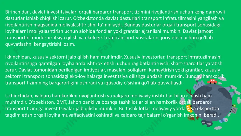 shlar, ushbu jarayonda muhim rol o'ynaydi. mahalliy hamkorlik davlat, xususiy sektor va jamoatchilik o'rtasida samarali muloqot va fikr almashishni ta'minlaydi. bu, ekologik toza mahsulotlar ishlab chiqarishni, energiya samaradorligini oshirishni va barqaror iqtisodiy o'sishni qo'llab-quvvatlaydi. xalqaro hamkorlik esa, yangi texnologiyalar va innovatsion yechimlarni o'rganish, moliyaviy resurslar olish va global ekologik muammolarni hal qilishda yordam beradi. thank you e’tiboringiz uchun rahmat image5.png image10.svg image6.png image12.svg image7.png image14.svg image8.png image16.svg image1.png image2.svg image2.png image4.svg image3.png image6.svg image4.png image8.svg image9.png image18.svg image10.png image20.svg image11.png image22.svg image12.png image13.png image25.svg image14.png image27.svg image15.png image29.svg image16.png image31.svg image19.png image37.svg image17.png image33.svg image18.png image35.svg image21.png image41.svg image20.png image39.svg /docprops/thumbnail.jpeg