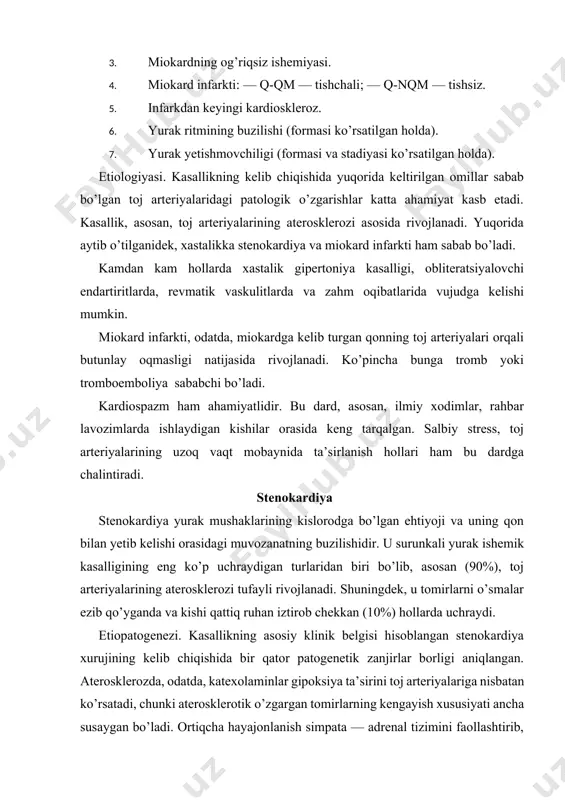 ard ishemiyasi rivojlanadi. stenokardiya xuruji zo’raygan aterosklerozga uchragan toj arteriyalarining siqilib torayishi sababli rivojlanadi. patologik - anatomik o’zgarishlar. stenokardiya bilan og’rigan bemorlarda toj arteriyalari aterosklerotik o’zgargan, devorlari qalinlashgan, ichki qavati (intimasi) g’adir-budur bo’ladi. tomirlar egilib-bukulgan joylarda juda ham torayadi, ba’zan aterosklerotik pilakchalar ham topiladi. anatomik o’zgarishlar bo’yicha stenokardiyaning qay darajada rivojlanganini bilib olish uchun toj arteriyalari va tarmoqlarning torayganiga baho berish zarur, odatda buni angiografiya usulida o’tkazilgan tekshiruv paytida aniqlash mumkin. turg’un stenokardiyaning funksional sinflarga bo’linishi barqarorlashgan stenokardiya quyidagi sinflarga ajratiladi: i. funksional sinf — stenokardiya xuruji faqatgina tez va ko’p bajarilgan jismoniy ishdan keyin paydo bo’ladi. ii. funksional sinf — stenokardiya xuruji tez yurganda, zinadan ko’tarilganda, baland tog’ga chiqqanda, sovuq qotganda, stressdan hayajonlanganda, ertalab paydo bo’ladi. iii. funksional sinf— stenokardiya xuruji hatto tekis yo’lda yurganda (200—500 metrlik masofaga), birinchi qavatga ko’tarilganda yoki past tepalikka chiqqanda ham paydo bo’lishi mumkin. bemorning jismoniy harakati sezilarli darajada chegaralangan bo’ladi. iv. funksional sinf …