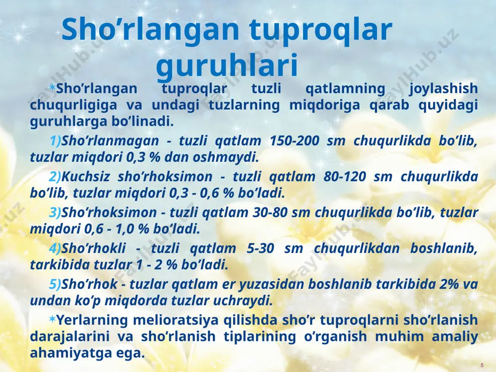 ko’rsichqon vatipratikanlar uchraydi. 16 cho’llarda sudralib yuruvchilardan echkemar, qum bo’g’ma ilon, kapcha ilon (turkiston kobrasi), chipor ilon, o’qilon, kaltakesaklar, cho’l toshbaqasi yashaydi. kaltakesaklar ichida eng kattasi echkemar bo’lib, uzunligi 1,5 m ga yetib, mayda kaltakesak, ilon kabi sudralib yuruvchilar bilan oziqlanadi. cho`lda hasharotlardan qoraqurt, chayon, clugirtka kabilar mavjud. bular ichida qoraqurt o’ta zaharli o’rgimchaksimonlar turiga kiradi. cho’l mintaqasining to’qavzorlarida chiyabo’ri, tulki, bo’rilar, to’qay mushugi, to’ng’iz yashaydi. qushlardan qirg’ovul, qarqara, birqozon, g’oz , o’rdak va boshqa qushlar yashaydi. 17 o‘simliklari. cho‘l mintaqasining yozi quruq, jazirama issiq, yog’inga nisbatan potensial bug’lanish ko’p bo’lganligi tufayli, o’simliklar shu sharoitga moslashgan. cho’lda sernam bahorda arpag’on, lola, lolaqizg’aldoq, qorabosh, boy-chechak, binafsha, chuchmoma, tariqbosh, chig’ir, isfarak kabi efemerlar (bir yillik o’tlar), iloq, kovrak kabi efemeroidlar (ko’p yillik o’tlar) o’sadi. bu o’tlar yozning issiq kunlari boshlanishi bilan sarg’ayib, qurib qoladi, so’ngra qurg‘oqchilikka chidamli kserofit о`simliklar o’saveradi. chunki ularning ildizlari uzun (yantoqning ildizi 20 m chuqurlikka tushadi) bo’lib, yerosti …