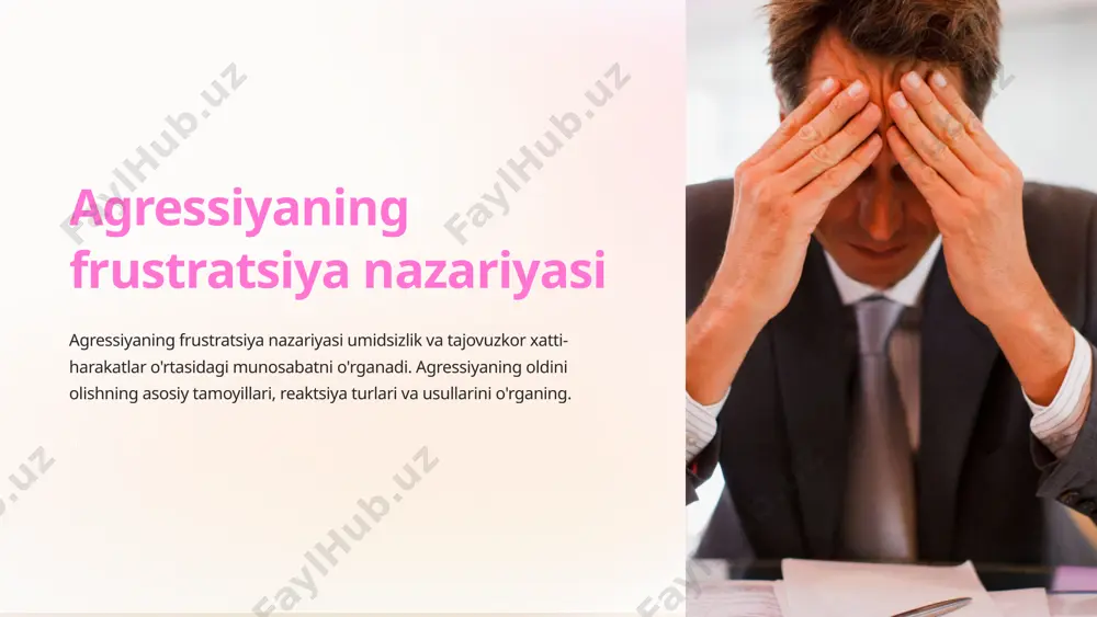 ti kabi salbiy his-tuyg'ular tajovuzkor reaktsiyalarni kuchaytirishi mumkin. 3 shaxslararo munosabatlar odamlar o'rtasidagi ziddiyat, ishonchsizlik va dushmanlik tajovuzkor xatti-harakatlarga yordam beradi. 4 madaniy ta'sirlar muayyan madaniyatning me'yorlari va qadriyatlari odatlar va tajovuzga munosabatni shakllantirishi mumkin. 7 agressiyaning oldini olish va uni boshqarish usullari ijtimoiy ta'lim agressiv bo'lmagan usullardan foydalangan holda his-tuyg'ularingizni ifoda etish va nizolarni hal qilishning muqobil usullarini o'rganish. ishonch doirangizni kengaytiring sog'lom shaxslararo munosabatlarni rivojlantirish va qo'llab-quvvatlash, tushunish va hamdardlikka erishish. ogohlikni oshirish agressiyaga hissa qo'shadigan omillar haqida xabardorlikni oshirish va hissiy tartibga solish ko'nikmalarini rivojlantirish. 8 asosiy xulosalar agressiyaning frustratsiya nazariyasi muhim tamoyillarni ilgari suradi va umidsizlik va tajovuz o'rtasidagi bog'liqlikni ko'rsatadi. ushbu omillarni tushunish tajovuzkor xatti-harakatlarning oldini olish va boshqarishga yordam beradi. 9 image1.png image2.png image3.png image4.png image5.png image6.png image7.png image8.png image9.png image10.png