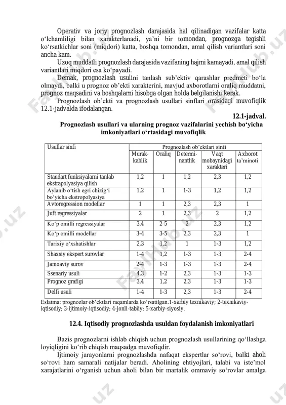 g investitsiyalar hajmiga qarab o‘zgarishini qisqa muddatga (1 yil) prognozlash strukturalangan muammolarga kiradi (1-sinf). o’sha vazifa uzoq muddatda (15 yil) bo‘lsa zaif strukturalangan muammolarga (3-sinf) o‘tadi. texnika va texnologiyaga qilingan investitsiyalar orasidagi bog’liqlikni aniqlash vazifasi “zaif strukturalangan muammolar” sinfidan “strukturalanmagan muammolar” sinfiga o‘tishi mumkin, agarda prognozlash davri uzoq bo‘lsa. bunda vazifaning birinchi va ikkinchi qismi tarmoq darajasida hal qilinadi. agar muammo qisqa davrga korxona (firma) darajasida hal qilinsa, u standart muammolarga yoki davrning uzayishiga va prognozlash darajasining ko‘tarilishiga qarab zaif strukturalangan va hatto strukturalanmagan muammolarga kiritilishi mumkin. demak, boshqarishning yuqoriroq darajasiga chiqishda va oraliq muddat cho‘zilganda muammoning strukturalanish darajasi pasayadi. muamolarni prognozlash uchun imm tengliklari qo‘llaniladi. strukturalangan muammolar uchun ekonometrik, imm modellar qo‘llaniladi. zaif strukturalangan muammolar uchun ekspert baholash, ssenariy usullaridan foydalaniladi, ekonmetrik modeldan foydalanish ham mumkin. strukturalanmagan muammolar uchun asosan mantiqiy usullar va ekspert baholash usullari qo‘llaniladi. 12.3.prognoz sifatini oshirish yo‘llari usulni to‘g‘ri tanlash prognozning yuqori sifatini belgilaydi. universal …