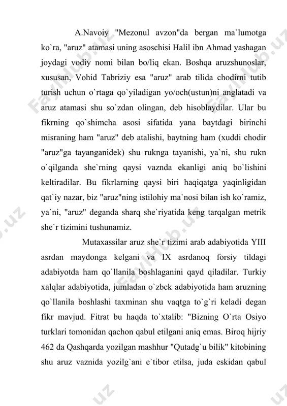oni ko`rsatishadi. ya`ni, eng kichik ritmik bo`lak sifatida harfning olinishi arab tili (va yozuvi) uchun xosroq, o`zbek tili uchun esa hijoning olingani qulayroq. shunday bo`lsa ham, aruzdagi tarkiblanishni yaxshiroq tasavvur qilish uchun harf eng kichik birlik sifatida olingan holatdagi tarkiblanishga qisqacha to`xtalib o`tish maqsadga muvofiq. demak, arab aruzshunosligida eng kichik ritmik bo`lak — harf, harf esa ikki turli bo`ladi: mutaharrik (cho`zg`ili) va sokin (cho`zg`isiz). cho`zg`i deganda unli tovush tushunilishi e`tiborda tutilsa, "mutaharrik harf", "sokin harf" atamalarining ma`nosi anglashiladi. masalan, "ko`z" so`zi ikkita harf: bir mutaharrik ("ko`") va bir sokindan ("z") tarkib topadi. mutaharrik va sokin harflarning muayyan tartibda qo`shilishidan juzvlar yuzaga keladi. juzvlar harfga nisbatan kattaroq ritmik bo`lak sanalib, ular har biri o`z ichida ikkiga bo`linadigan uch turga ajratiladi: sabab, vatad va fosila. juzvlarning muayyan tartibda birikishidan ruknlar, ruknlarning she`r misrasida muayyan tartibda takrorlanishidan bahrlar hosil bo`ladi. bulardan anglashiladiki, aruz qismlari o`zaro mustahkam aloqada bo`lgan sistema sifatida juda puxta tashkillangan …