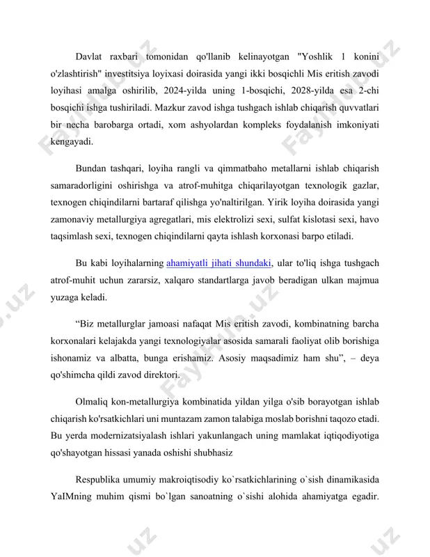 ish ko'rsatkichlari uni muntazam zamon talabiga moslab borishni taqozo etadi. bu yerda modernizatsiyalash ishlari yakunlangach uning mamlakat iqtiqodiyotiga qo'shayotgan hissasi yanada oshishi shubhasiz respublika umumiy makroiqtisodiy ko`rsatkichlarining o`sish dinamikasida yaimning muhim qismi bo`lgan sanoatning o`sishi alohida ahamiyatga egadir. o`sish sur`atini saqlash butun ishlab chiqarish sikliga kompleks va innovasion yondashuvni talab etadi. xomashyoni qayta ishlashga kompleks yondashuv mineralogik xomashyoning dastlabki shakli va tuzilishidan emas balki sanoat chiqindilaridan foydalanishni, ya`ni ulardan qimmatbaho komponentlar olishni talab qiladi. “olmaliq kmk” ajda ham texnogen chiqindilarni qayta ishlash, ulardan foydalanish va yo`q qilish bo`yicha butun sanoat sikli shakllantirilgan. ishlab chiqarish rejalariga muvofiq shlak ag`darmasining o`rtacha yillik o`sishi 800-900 ming tonnani tashkil etadi. hisobot davri uchun 1964-yildan boshlab ag`darmani shakllantirilganini inobatga olgan holda 2020-yil 1 avgust holatiga ko`ra, shlak zahirasi 7,9 mln. tonnani tashkil etadi. so`nggi yillarda “olmaliq kmk” aj da ishlab chiqarishning keskin o`sishi va sanoat chiqindilarini qayta ishlash bo`yicha innovasion texnologiyalarni joriy etilishi kuzatilmoqda, xususan, …