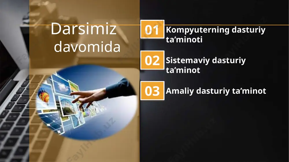 n iborat. asosiy dasturiy ta’minot kompyuter bilan birgalikda yetkazib berilsa, xizmat ko‘rsatuvchi dasturiy ta’minot aloxida, qo‘shimcha tarzda olinishi mumkin. sdt asosiy dt xizmat ko’rsatuvchi dt operatsion tizim tarmoq ot tashxis dasturlari antivirus dasturlari arxivlashtirish dasturlari tarmoq dasturlari dasturiy ta’minot kompyuterning dasturiy ta’minoti orasida eng ko‘p qo‘llaniladigani amaliy dasturiy ta’minot (adт)dir. bunga asosiy sabab — kompyuterlardan inson faoliyatining barcha sohalarida keng foydalanishi, turli predmet soxalarida avtomatlashtirilgan tizimlarning yaratilishi va qo‘llanishidir. amaliy dasturiy ta’minotni quyidagicha tasniflash mumkin. amaliy dasturiy ta’minot (aplication program paskage) — bu aniq bir predmet sohasi bo‘yicha ma’lum bir masalalar sinfini yechishga mo‘ljallangan dasturlar majmuasidir. adt muammoga yo’naltirilgan adt sun`iy intellect tizimlari kichik nashriyot tizimlari ofis adt multimedia dasturiy vositalari umumiy maqsadli adt muammoga yo`naltirilgan adtga quyidagilar kiradi: buxgalteriya uchun dt; personalni boshqarish dt; jarayonlarni boshqarish dt; bank axborot tizimlari va boshqalar. umumiy maqsadli adt – soha mutaxassisi bo`lgan foydalanuvchi axborot texnologiyasini qo`llaganda uning ishiga yordam beruvchi ko`plab dasturlarni …