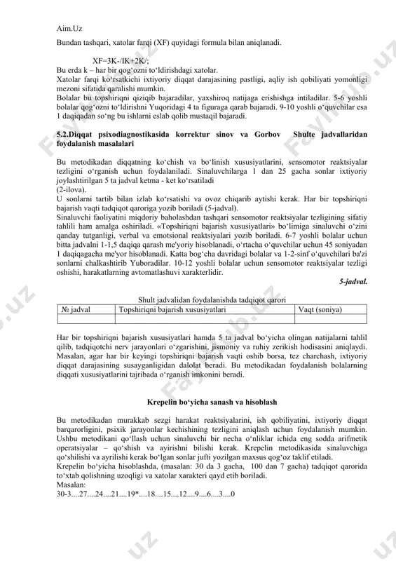 bir-biridan murakkabligi bilan ajralib turadi: 1 - doskada 10 ta har xil butun figuralar bor; 2 - doskada 2 ta figura bo‘lib, ularning har biri ikki qismdan iborat; 3 - doskada har biri ikki va uch qismdan iborat 4 ta figura; 4 - doskada ikki qismdan iborat 5 figura. bolaga 10 soniya davomida doska ko‘rsatiladi. keyin doskadagi figuralar stol ustiga tushadigan qilib ag‘dariladi. eksperimentator ularni aralashtirib, har bir figurani o‘z joyiga qo‘yishni so‘raydi. tajriba boshida eksperimentator 2-3 namunani ko‘rsatib berishi mumkin. keyin bolaning o‘zi topshiriqni qanday bajarayotganini diqqat bilan kuzatadi. bunda bola «sinash va xato qilish» kabi harakatlar qiladimi, figuralarni joyiga qo‘yishda bola qanchalik diqqat-e'tiborli, buni u qanchalik o‘rganadi, tadqiqotchi shu kabilarga e'tibor berib, kuzatishi kerak. birinchi topshiriqni bajargandan so‘ng, keyingi qiyinroq topshiriqqa o‘tiladi. sinaluvchining har bir topshiriqni bajarish vaqti, uning qilgan harakatlari maxsus qog‘ozga yozib boriladi (3-jadval).sinaluvchi topshiriqlarni o‘zi bajara olmasa, 1 daqiqadan so‘ng unga yordamlashish mumkin. 3-jadval figuralarni …