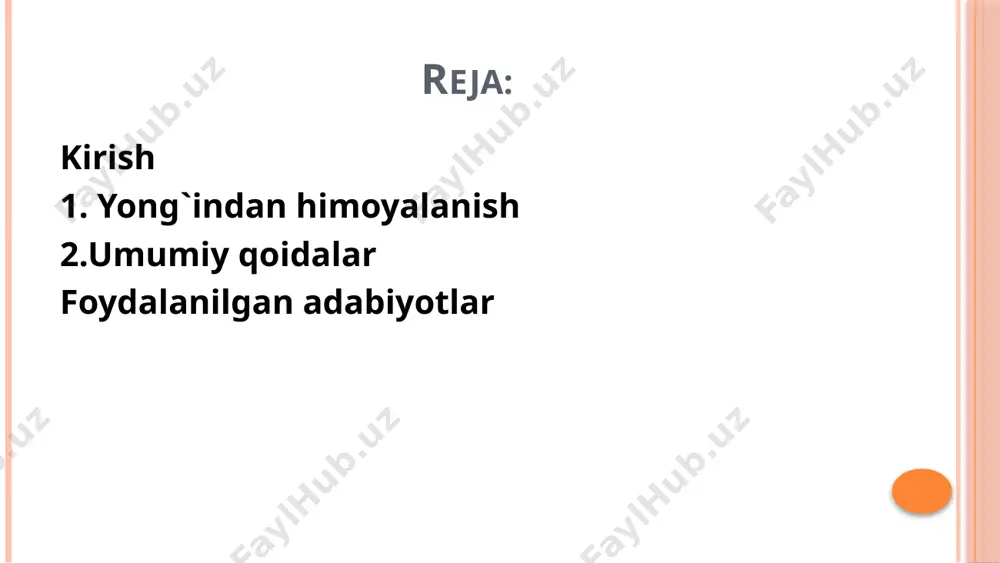 xavfli omillaridan himoya qilishga mo‘ljallangan shaxsiy himoya vositasi; baland binolar — balandligi 50 m dan yuqori bo‘lgan binolar; favqulodda vaziyatlar vazirligi garnizoni — muayyan hududda joylashgan favqulodda vaziyatlar vazirligi tizimidagi ilmiy-tadqiqot va texnik-ta’lim muassasalari, shuningdek idoraviy yong‘in-qutqaruv tuzilmalari (boshqarmalari, bo‘linmalari); elektr xavsizlik tizimi. ogohlantiruvchi belgilar. umumiy yotoqxona — o‘quvchilar, talabalar, ishchilar va xizmatchilarni vaqtinchalik yashashi uchun ixtisoslashtirilgan yotoqxonalar (yotoqxonalarda turar-joy xonalari va maishiy-xizmat ko‘rsatish xonalari ko‘zda tutilishi hamda kichik oilalar uchun xonadon turidagi yotoqxonalar tashkil qilinishi mumkin); asosiy yong‘in-qutqaruv avtomobili — yong‘in sodir bo‘lgan joyga yoki yong‘in o‘chog‘iga shaxsiy tarkibni, yong‘in o‘chirish uskunalarini va o‘t o‘chirish vositalarini yetkazib berishga xizmat qiluvchi avtomobil; yong‘in o‘chirish gidranti — yong‘in o‘chirish uchun suv quvurlari tarmog‘idan suv olishga mo‘ljallangan qurilma; yong‘in-qutqaruv texnikasi — yong‘inning oldini olish, tarqalishini cheklash, o‘chirish, odamlar va moddiy boyliklarni yong‘indan himoya qilish uchun mo‘ljallangan texnik vositalar; binoning olovbardoshlik darajasi — qurilish konstruksiyalarining olovbardoshlik va yong‘indan xavflilik ko‘rsatkichlari bilan belgilanadigan obyektning …