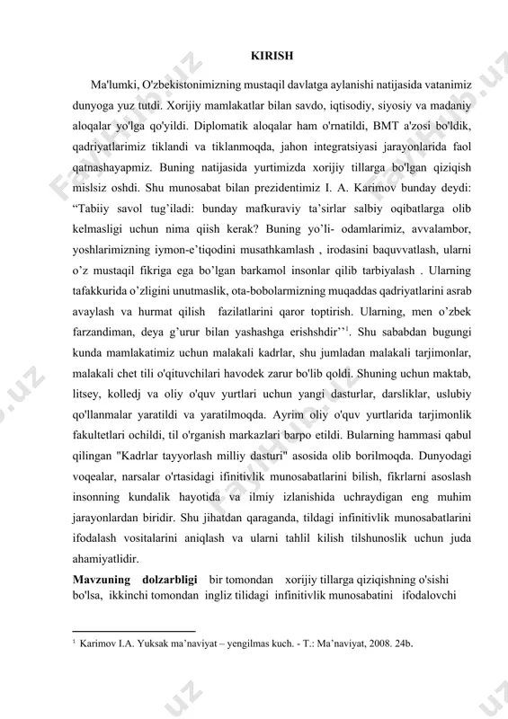 ishi bo’yicha o’xshash va farqli xususiyatlari infinitiv va gerundiyning matnlarda qo’llanishi bo’yicha o’xshash va farqli xususiyatlari. har bir tildagi so’zlar nutq bo’laklari deb atalgan sinflarga ajratiladi. har bir nutq bo’lagi o’z xususiyatlariga ega hisoblanadi. nutq bo’laklari bir-biridan anglatadigan ma’nosiga, yasalish shakliga va bajaradigan vazifasiga ko’ra farq qiladi. nutq bo’laklaridan biri fe’ldir. mazmuniga ko’ra fe’l ish-harakatni ifodalovchi so’z sifatida tasvirlanishi mumkin. “ish-harakat” so’zi bu yerda faoliyatni (yurmoq, gapirmoq, o’ynamoq, o’qimoq), jarayonni (uxlamoq, kutmoq, yashamoq), holatni (bo’lmoq, yoqtirmoq, bilmoq), aloqa-munosabatni (tashkil topmoq, o’xshamoq, yetishmaslik) va shu kabilarni o’z ichiga qamrab oladi. shakliga ko’ra u boshqa nutq bo’laklarida yo’q bo’lgan ma’lum bir gramatik xususiyatlarga ya’ni zamon, aspect va nisbat kategoriyalariga ega bo’lgan so’z sifatida tushuniladi. bajaradigan vazifasiga ko’ra esa, fe’l gapning kesimini yasovchi so’z sifatida tushuniladi. ingliz tilidagi fe’llar gapda bajaradigan vazifasiga ko’ra ikki asosiy guruhga, fe’lning aniq shakllari (aniq fe’llar) va fe’lning noaniq shakllari (fe’lning shaxssiz shakllari)ga bo’linadi. fe’lning shaxsi noma’lum shakllari …