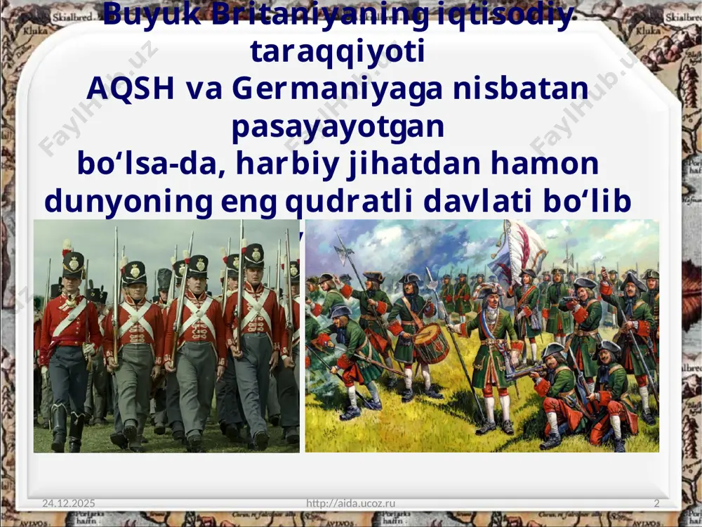 germaniyadan ko‘chib borgan kishilar avlodlari boshqarayotgan bur respublikalariga qarshi urush harakatlarini boshladi. 07.11.2019 http://aida.ucoz.ru 12 1901-yilda panama kanali masalasida aqshga yon berdi. 07.11.2019 http://aida.ucoz.ru 13 panama kanali 1902-yilga kelib, yaponiya bilan shartnoma imzoladi va unga katta moliyaviy yordam ko‘rsatdi. 07.11.2019 http://aida.ucoz.ru 14 savol va topshiriqlar 1. xix asr oxiri — xx asr boshlarida buyuk britaniyaning eng ulkan mustamlakachi davlat ekanligini dalillar bilan asoslang. 2. buyuk britaniya mustamlakachi imperiyasi qay tariqa tashkil topdi? 3. buyuk britaniya—rossiya munosabatlari haqida nimalarni bilib oldingiz? 4. buyuk britaniya ham i jahon urushining aybdorlaridan biri bo‘lganligini asoslab bering. http://aida.ucoz.ru 15 image2.png image3.png image4.jpeg image5.jpeg image6.jpeg image7.jpg image8.jpeg image9.jpeg image10.jpg image11.jpeg image12.jpg image13.jpeg image14.jpeg image15.jpeg image16.jpeg image17.jpeg image1.jpeg 33rd regiment of foot wellingtons redcoat "scum of the earth" fx130049 /docprops/thumbnail.jpeg