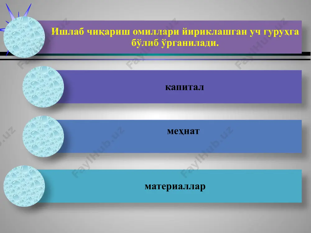 қариш ҳажми 40 бирликдан 100 бирликгача ўзгаради. худди шундай, жадвалнинг устунларини юқоридан пастга қараб кузатганимизда ҳам, меҳнат сарфи ўзгармай, капитал сарфи ошиб боришига кўра стул ишлаб чиқариш ҳажми ҳам ошиб бораётганлигини кўрамиз. 1-жадвалда келтирилган маҳсулот ишлаб чиқариш кўрсаткичларини гафикда ҳам тасвирлаш мумкин (2-расм). расмда келтирилган 𝑸_𝟏 эгри чизиғи 60 дона стул ишлаб чиқаришни таъминлайдиган капитал ва меҳнат сарфлари комбинацияларини ифодалайди. 𝑸_𝟐 эгри чизиғи 80 дона стул ишлаб чиқариш учун сарфланадиган капитал ва меҳнат сарфлари комбинацияларини, 𝑸_𝟑 эгри чизиғи эса 100 дона стул ишлаб чиқариш учун сарфланадиган ресурслар сарфлари комбинацияларини ифодалайди. 2-расмдаги 𝑸_𝟏, 𝑸_𝟐 ва 𝑸_𝟑 эгри чизиқларга изокванталар дейилади. масалан, капитал сарфи 2 га тенг бўлганда ва меҳнат сарфи бирдан беш бирликгача ўзгарганда маҳсулот ишлаб чиқариш ҳажми 40 бирликдан 100 бирликгача ўзгаради. худди шундай, жадвалнинг устунларини юқоридан пастга қараб кузатганимизда ҳам, меҳнат сарфи ўзгармай, капитал сарфи ошиб боришига кўра стул ишлаб чиқариш ҳажми ҳам ошиб бораётганлигини кўрамиз. 1-жадвалда келтирилган маҳсулот …