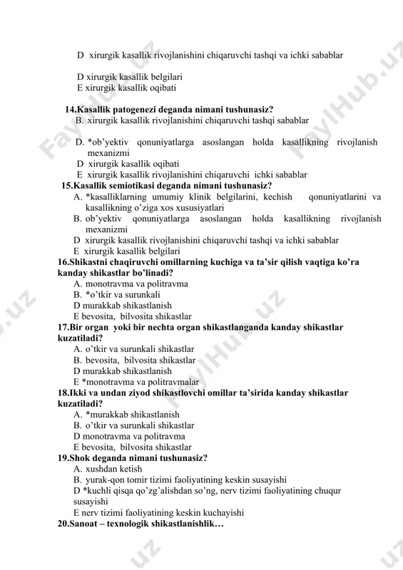 an shikastlanganda kanday shikastlar kuzatiladi? a. o’tkir va surunkali shikastlar b. bevosita, bilvosita shikastlar d murakkab shikastlanish e *monotravma va politravmalar 18.ikki va undan ziyod shikastlovchi omillar ta’sirida kanday shikastlar kuzatiladi? a. *murakkab shikastlanish b. o’tkir va surunkali shikastlar d monotravma va politravma e bevosita, bilvosita shikastlar 19.shok deganda nimani tushunasiz? a. xushdan ketish b. yurak-qon tomir tizimi faoliyatining keskin susayishi d *kuchli qisqa qo’zg’alishdan so’ng, nerv tizimi faoliyatining chuqur susayishi e nerv tizimi faoliyatining keskin kuchayishi 20.sanoat – texnologik shikastlanishlik… a. yuqori darajali mexanizasiyalashtirilgan xo’jaliklarda uchraydi b. *yuqori darajali mexanizasiya va avtomatizasiyalashtirilgan xo’jaliklarda uchraydi d yuqori darajali avtomatizasiyalashtirilgan xo’jaliklarda uchraydi e maxsulot chiqaradaigan xo’jaliklarda uchraydi 21.buqalardan urug’ olishda qoidalarga rioya qilmaslik va sharoit yaratmaslik nimalarga olib keladi? a. *ekspluatatsion shikastlanishga b. sanoat – texnologik shikastlanishga d jinsiy shikastlanishga e sanoat – texnologik shikastlanishga 22.tuyog’i zararlangan sigir qancha maxsuldorligini yo’qotish mumkin? a. 10–20 % b. 20–30 % d 15–25 % …