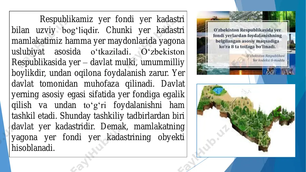 ratib qo‘yilgan zonadagi yerlar suv fondi yerlari jumlasiga kiradi. fuqarolar, korxonalar, muassasalar va tashkilotlarga foydalanish uchun berilmagan barcha yerlar zaxira yerlardir. bunday yerlar jumlasiga doimiy egalik qilish va doimiy foydalanish huquqi tugatilgan yerlar ham kiradi. zaxira yerlar, tuman va shaharlarning davlat hokimiyati organlari tasarrufida bo‘ladi va qishloq xo‘jaligi maqsadlari uchun egalik qilish, foydalanishga va ijaraga berishga mo‘ljallanadi. yer monitoring - yer tarkibidagi o‘zgarishlarni o‘z vaqtida aniqlash, yerlarga baho berish, salbiy jarayonlarning oldini olish va oqibatlarini tugatish uchun yer fondining holatini kuzatib turish tizimidan iborat. davlat yer kadastrini yuritishni, yerdan foydalanishni, yer tuzishni, yer fondidan belgilangan maqsadda va oqilona foydalanish ustidan davlat nazoratini amalga oshirishni, yerlarni muhofaza qilishni axborot bilan ta’minlash yer monitoringi asosida amalga oshiriladi. yer monitoringini o‘tkazish tartibi o‘zbekiston respublikasi vazirlar mahkamasi tomonidan belgilanadi. davlat yer kadastri - yerlarning tabiiy, xo‘jalik va huquqiy rejimi, ularning toifalari, sifat ko‘rsatkichlari va bahosi, yer uchastkalarining joylashgan manzili va o‘lchamlari, ularni yer egalariga, …
