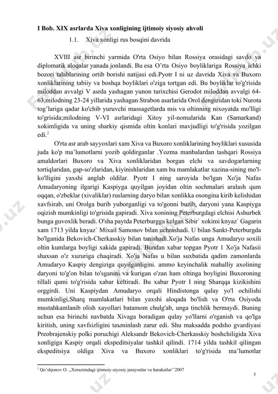 ng eski o'zanini kidirib topish va kaspiy dengizi sharkiy qirg'oklarini o'rganish vazifasi yuklatildi.bekovich-cherkasskiy imperatordan xiva xonligini rossiya panoqiga o'tkazish kabi muxim topshiriqni ham olgan edi. bekovich-cherkasskiy ekspeditsiyasi tarkibida 1760 kishi bo'lib, 8 ta mis va 3 ta cho'yan to'p bilan qurollangan.otryad injenerlik asbob-uskunalari bilan ham ta’minlangan edi.otryad 1714 yil 28 oktyabrda 125 kemada astraxandan dengiz orqali yo'lga chikdi. sovukka bardosh bera olmasdan 3 dekabrda astraxanga kaytib kelishga majbur bo'ldi.1715 yilning 25aprelida bekovich-cherkasskiy otryadi kemalari kayta kaspiy orqali yana yo'lga chiqadi. otryad tyuk-karagan yarim oroliga(mang'ishlokda) etib boradi.a. kavkaz xalklarining kabarda urug'idan, o'sha paytda kabarda cherkasslar xududiga kirgani sababli bekovichni cherkasskiy (cherkaslik)deb ataganlar.[footnoteref:3]bekovich esa,«bek»so'zidan bo'lishi mumkin bekovichning asli vatani kabarda bo'lgan, uning ismi iskandarbekdir, knyaz` golitsinning kizi m ariyaga uylangach, nasroniy diniga o'tgan.cho'qintirish marosimida aleksandr bekovich-cherkasskiy nomini olgan, xorijga o'kish ga yuborilgan. so'ng poruchik unvonida priobrajenskiy leyb-gvardiya polkiga xizmatga [3: qo’shjonov o. ,,xorazimdagi ijtimoiy-siyosiy jarayonlar va harakatlar’’2007] tayinlangan. shu bilan bekovich-cherkasskiyning birinchi …
