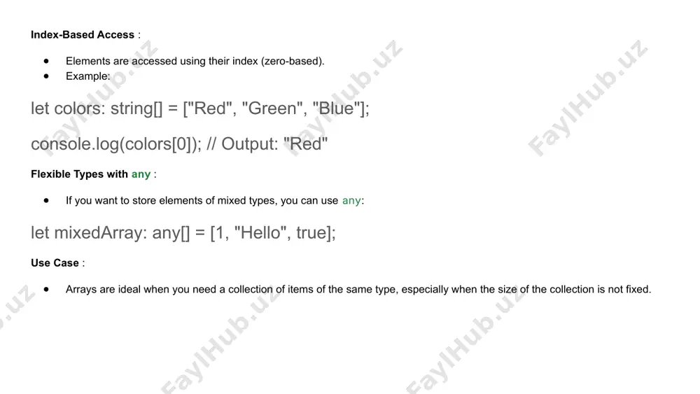 mple: class dog { bark(): void { console.log("woof!"); }} class cat { meow(): void { console.log("meow!"); }} function makesound(animal: dog | cat): void { if (animal instanceof dog) { animal.bark(); } else if (animal instanceof cat) { animal.meow();}} const mydog = new dog(); const mycat = new cat(); makesound(mydog); // output: woof! makesound(mycat); // output: meow! custom type guards : define custom logic to narrow types using functions that return a boolean. example: interface bird { type: "bird"; flyingspeed: number; } interface horse { type: "horse"; runningspeed: number; } type animal = bird | horse; function isbird(animal: animal): animal is bird { return (animal as bird).flyingspeed !== undefined; } function moveanimal(animal: animal): void { if (isbird(animal)) { console.log(`flying at speed: ${animal.flyingspeed}`); } else { console.log(`running at speed: ${animal.runningspeed}`); } } const eagle: bird = { type: "bird", flyingspeed: 50 }; const stallion: horse = { type: "horse", runningspeed: 30 }; …