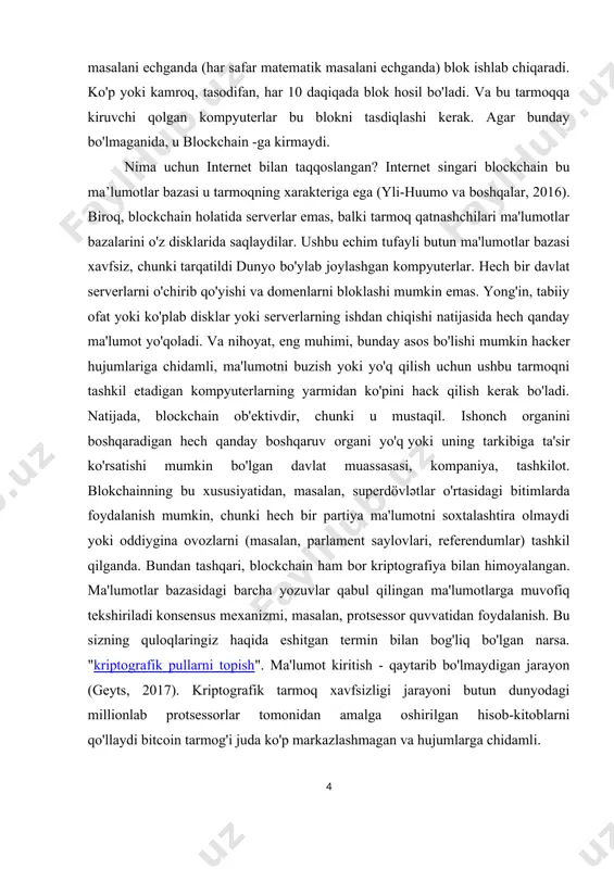 quloqlaringiz haqida eshitgan termin bilan bog'liq bo'lgan narsa. "kriptografik pullarni topish". ma'lumot kiritish - qaytarib bo'lmaydigan jarayon (geyts, 2017). kriptografik tarmoq xavfsizligi jarayoni butun dunyodagi millionlab protsessorlar tomonidan amalga oshirilgan hisob-kitoblarni qo'llaydi bitcoin tarmog'i juda ko'p markazlashmagan va hujumlarga chidamli. faqat jalb qilingan mablag'lar cryptocurrency hamyon ular 256 bitli shaxsiy kalit bilan ta'minlangan, ya'ni egalik huquqi va hisobni boshqarish huquqi. taxmin qilinishicha bunday maxsus kalitni buzisher yuzidagi eng tezkor kompyuter men ketishga majbur bo'lar edi bir necha million yilni hisoblang. ko'rib turganingizdek, bu erda vositachilar, ishonch egalari, supervayzerlar mavjud emas. kiritilgan ma'lumotlarni kiritish yoki tekshirishda hech kim noto'g'ri bo'lmaydi. hech kim hech kimni aldata olmaydi. tarmoq mijoz-mijoz asosida ishlaydi. markaziy, broker kerak emas. barcha operatsiyalar kriptografik algoritmlar bilan tasdiqlanganidek, mijozlar bir-biriga ishonishadi - parolga mos keluvchi kirish kalitlarini ishlatish. blockchain butunlay davlat reestridir. har bir tarmoq ishtirokchisi barcha yozuvlar haqidagi ma'lumotlarni ko'rishi mumkin. ilova orqali rahmat kriptografiyablockchain kiber hujumlarga qarshi …