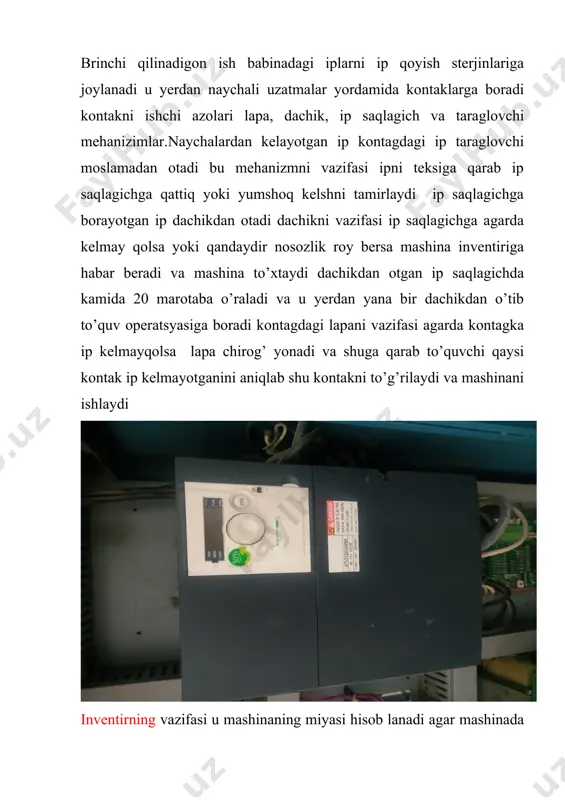 ngnani qaysi joyda qanday pozitsyada yurshni taminlaydi sildirga platina qoyilgandan keyin u ham zamoklra yordamida maxkamlab,qo’yiladi. shkif bu mashina tepa qismida joylashgan u kontagdagi iplarni birhilda aylanshini taminlaydi yani shkifga tasmali reminlar qotirilib ularni orasida kontaklar joylashadi va u 96 ta kontakni birhilda ishlashni taminlaydi va kontaklar ham silindir bilan parallel ishlashni taminlaydi. shkifda shestronka bolib uning vazifasi xom shayoni gramajni yani zichligni ozgartirishga yordam beradi trikotaj maxsulotlarida gramaj assosiy,texnologiyasi,hisoblanadi. moy idish pailung mashinasi moylash tizmi aftamat bolib uni malum vaqtga qoyib qoyiladi va moy idish shu vaqt bolganda mashinaga moy beradi buni ham inventir nazorat qiladi agar moy idishda moy tugasa mashina to’xtaydi bu buyruqni invetirga moy bachok moy tugagani haqida habar beradigon dachigi bor vas hu signal beradi va mashina toxtaydi qachonki moy bachoka moy kuyilsa keyin singnal to’xtaydi va mashina ishga tushadi . vallar mashinaning tortish va o’rash qismida vallar joylashgan ullarning soni 4 tani tashkil qiladi …