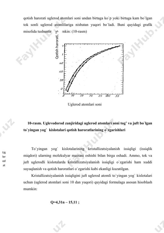 olein kislotalarning pozitsion izomerlari suyuqlanish haroratlarining o`zgarishi misolida kuzatish mumkin: 3-jadval tsis- olein kislo​tasidagi qo`shbog`​ning joylashuvi suyuqlanish harorati, 0 c. trans – olein kislotasidagi qo`sh​bog`ning joylashuvi suyuqlanish harorati, 0 c. 2-3 3-4 4-5 5-6 6-7 7-8 8-9 9-10 10-11 11-12 12-13 50,5 56-57 52,5 42-43 30 12,5-13,1 22,8-24,2 13,4 22,5 16,5-12,0 9,8-10,4 2-3 3-4 4-5 5-6 6-7 7-8 8-9 9-10 10-11 11-12 12-13 58,5 56-57 52,5 47,5 54,0 44,2-44,5 50,5-50,7 46,5 52,6 43,6-44,0 39,7-40,1 3-jadvaldan ko`rinib turibdiki, tsis-olein kislotasining 12-13- izomerigacha suyuqlanish harorati ts 9,8-10,4 0c gacha tushib ketyapti, trans-olein kislotasining 13-12 izomerigacha esa ts faqatgina 39,7 -40,1 0c gacha tushgan xolos. yog` kislotalarini qotirish usuliga qarab (sekin yoki tez sovutish har-xil polyarlikka ega bo`lgan erituvchilardan kristallizatsiyalash va h.k.) ularning 2-3, ba`zida esa hatto 4 xil modifikatsiyasi hosil bo`lishi mumkinki, ular suyuqlanish harorati bilan farq qiladi (polimorfizm). yog` kislotalarining aralashmalari suyuqlanish harorati katta qiziqish uyg`otadi. ma`lum bo`lishicha yog` kislotalari binar …
