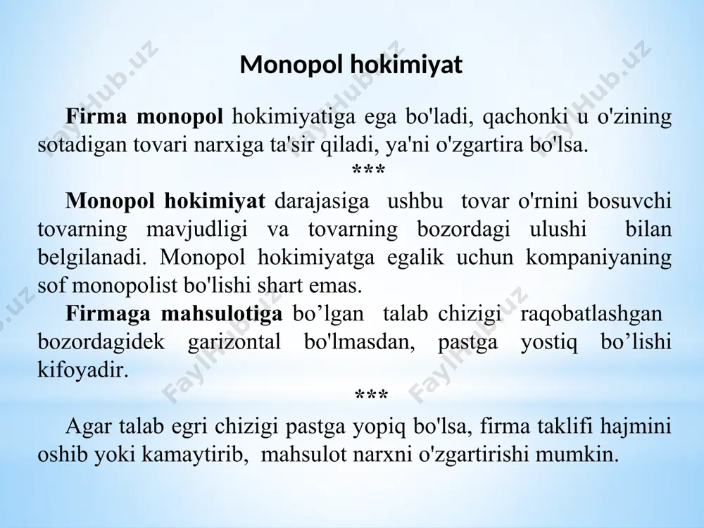 kifoyadir. agar talab chizig’i pastga yotiq bo’lsa, firma taklif hajmini oshirib yoki kamaytirib, mahsulot narxini o’zgartirishi mumkin. monopolist mahsulotiga talab. raqobatlashgan bozorda firma maksimal foyda oladi, agar u chekli daromad chekli xarajatga teng holatni ta’minlaydigan hajmda mahsulot ishlab chiqarsa, mr=mc 14 15 bozor turlari qanday aniqlanadi? raqobatlashmagan bozorlarda narx va ishlab chiqarish hajmi qanday aniqlanadi? sof monopoliya deganda nimani tushunasiz? raqobatlashgan monopol bozor xususiyatlari nimalardan iborat? litsenziya, patent, mualliflik huquqi raqobatga qanday ta’sir ko’rsatadi? monopoliyaning jamiyat uchun foydali va zararli tomonlarini izohlab bering. bozor hokimiyati deganda nimani tushunasiz? monopol narxga soliq qanday ta’sir ko’rsatadi? lernerning monopol ko’rsatkichi. xerfendal-xirshman indeksi nimani ifodalaydi. monopol sharoitda narx qanday aniqlanadi? nazorat va muhokama uchun savollar 16 эътиборларингиз учун раҳмат! image1.png image2.wmf image3.wmf oleobject1.bin oleobject2.bin image4.wmf image5.wmf oleobject3.bin oleobject4.bin image6.wmf image7.wmf image8.wmf oleobject5.bin oleobject6.bin oleobject7.bin image9.wmf oleobject8.bin image10.wmf image11.wmf oleobject9.bin oleobject10.bin image12.wmf oleobject11.bin image13.png p mr = p mr < ( ) q q p …