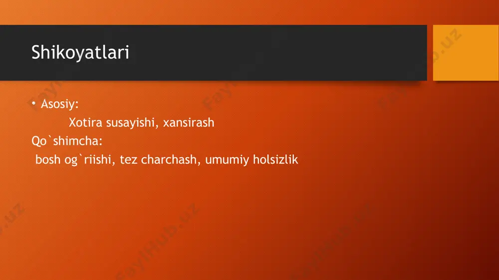 ol\l umumiy bilirubin 45,9 mkmol/l norma: 3,4-20,5 mkmol\l bog’langan --- 17,0 erkin ---28,9 alt 25 norma: <40ed\l act 18 norma: <35ed\l albumin 30,6 g/l norma: 35-55 g/l medikamnentoz davo parxez №5 stol. yotoq rejimi antioksidant: askorbin kislota 5%-6,0 v/i str. gepatoprotektor davo: ademta 400 mg v/i str 2 mahal gepa mers – 20,0 +natriy xlor 0,9%-200,0 v/i ga tomchilab fermentativ davo: caps. pancreatini 100000 ed 2 tabletkadan 3 maxal antioksidant: kartan 5,0 v/i str image2.png image3.png image4.jpg image5.jpg image1.png /docprops/thumbnail.jpeg
