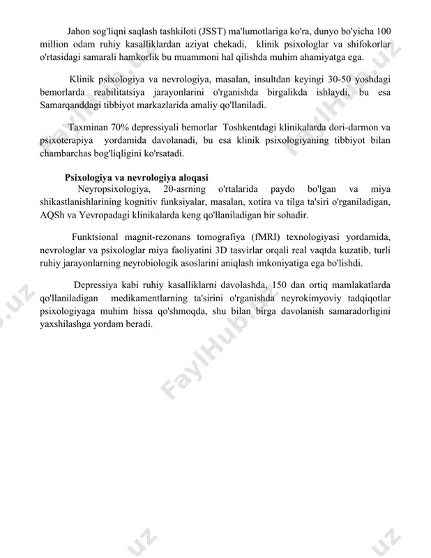 da xulq-atvor psixologiyasi va zoologiya integratsiyasi orqali, 3000 metrdan yuqori balandliklarda yashovchi 5 ta qush turining oziqlanish strategiyasini tahlil qilish mumkin. klinik psixologiya va tibbiyot jahon sog'liqni saqlash tashkiloti (jsst) ma'lumotlariga ko'ra, dunyo bo'yicha 100 million odam ruhiy kasalliklardan aziyat chekadi, klinik psixologlar va shifokorlar o'rtasidagi samarali hamkorlik bu muammoni hal qilishda muhim ahamiyatga ega. klinik psixologiya va nevrologiya, masalan, insultdan keyingi 30-50 yoshdagi bemorlarda reabilitatsiya jarayonlarini o'rganishda birgalikda ishlaydi, bu esa samarqanddagi tibbiyot markazlarida amaliy qo'llaniladi. taxminan 70% depressiyali bemorlar toshkentdagi klinikalarda dori-darmon va psixoterapiya yordamida davolanadi, bu esa klinik psixologiyaning tibbiyot bilan chambarchas bog'liqligini ko'rsatadi. psixologiya va nevrologiya aloqasi neyropsixologiya, 20-asrning o'rtalarida paydo bo'lgan va miya shikastlanishlarining kognitiv funksiyalar, masalan, xotira va tilga ta'siri o'rganiladigan, aqsh va yevropadagi klinikalarda keng qo'llaniladigan bir sohadir. funktsional magnit-rezonans tomografiya (fmri) texnologiyasi yordamida, nevrologlar va psixologlar miya faoliyatini 3d tasvirlar orqali real vaqtda kuzatib, turli ruhiy jarayonlarning neyrobiologik asoslarini aniqlash imkoniyatiga ega …