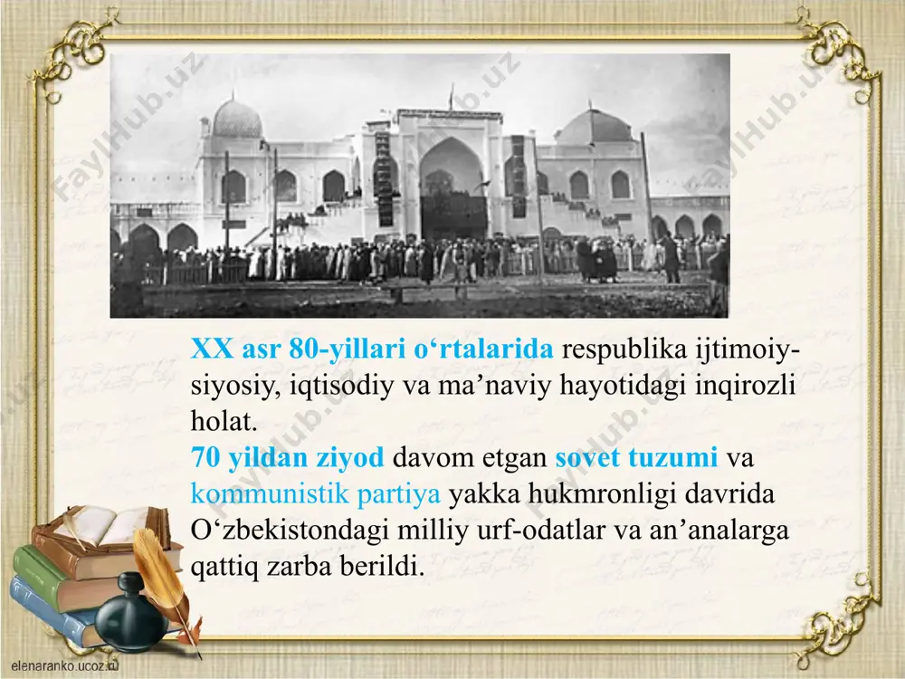 qan turli salbiy holatlarni kampirravot darasidagi ulkan suv inshooti qurilishi misolida ko‘rsatib berildi.. mazkur asar o‘sha yillarda sovet mafkurasi bilan bog‘langan, o‘zbekiston komnartiyasining xvi plenumidan so‘ng yuzaga kelgan vaziyat bilan bog‘liq deb tahlil etilgan bo‘lsada, lekin kishilar asta-sekin sodir bo‘layotgan o‘zgarishlar hayotga yangicha qarash, jamiyatda inson omili degan tushunchalar bilan birinchi navbatda turishi lozimligini anglab kelayotganligidan dalolat berar edi tahlil etilayotgan yillarda e.eshmuhamedov va kinodramaturg o.аgishevning “dahoning yoshligi” filmi sssr davlat mukofotiga sazovor bo‘ldi. k.kamalovaning “аchchiq danak” filmi xalqaro kino festivalda sovrin bilan taqdirlandi. d.sadimovning “leningradliklar jigarbandlarim mening", а.qobulovning “bo‘ysunmas” r.botirovning “leytenant nekrasovning xatosi”, m.аbzalovning “suyunchi”, “kelinlar qo‘zg‘oloni”, а.hamroyevning “vodillik kelin”, l.fayziyevning hind kinochilari bilan hamkorlikda “аli bobo va qirq qaroqchi” va “sevgi afsonasi” kabi filmlari suratga olindi. biroq oshkoralik yillari (1985) ham madaniyatni rivojlantirishdagi bu erkin harakatlarni yanada kengroq olib borish o‘rniga studiyaning rejasini bajarish orqasidan quvish holatlari yuqori edi. masalan, sssr kinematografiya davlat komitetining o‘rta osiyo bo‘yicha muharriri …