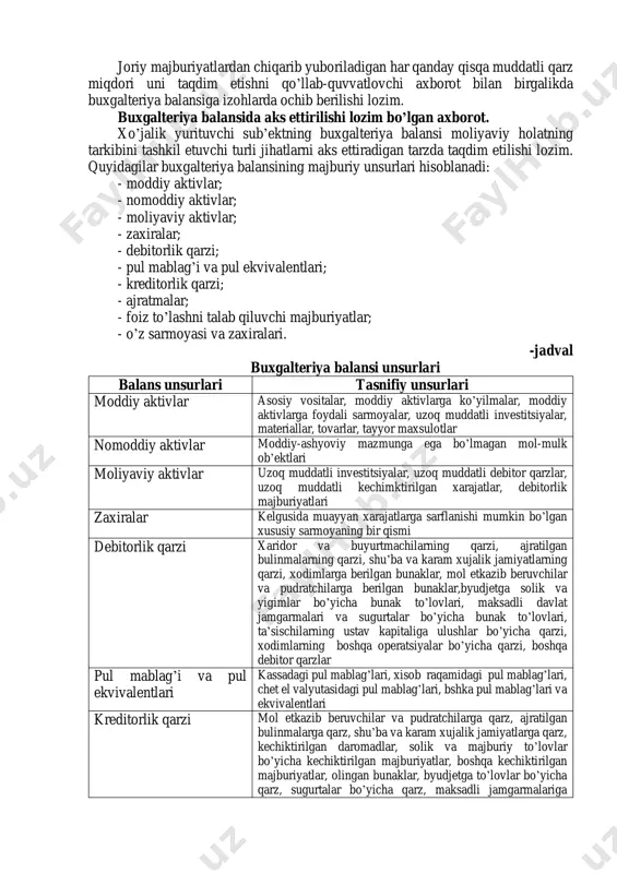 maqsadida ayni shu tarmoq yoki faoliyatning shu turi uchun kattaroq davr ancha muvofiqroq hisoblanmasa, bir yil oraliq operatsion tsikl hisoblanadi. uzoq muddatli (nojoriy) aktivlar- sub’ekt faoliyatida uzoq muddatli asosda foydalaniladigan aktivlar, jumladan sub’ektning mulki, binolari va uskunalari, moddiy aktivlari, taraqqiyot va gudvillga xarajatlar. investitsiyalash maqsadida saqlab turilgan va hisobot kunidan boshlab 12 oy davomida sotilishi mumkin bo’lmagan aktivlardir. qisqa muddatli (joriy) majburiyatlar- hisobot kunidan boshlab 12 oy davomida hisob-kitob qilinadigan majburiyatlardir. joriy majburiyatlarning tavsifi joriy aktivlar tavsifiga o’xshashdir. kreditorlik qarzi ish haqi, soliqlar bo’yicha qarzlar va boshqa operatsiya xarajatlari bo’yicha qarzlar kabi ayrim joriy majburiyatlar joriy aktivlar hisobidan hisob-kitob qilishni talab qiladi, chunki sub’ektning odatdagi operatsiyasi tsiklida foydalaniladigan aylanma mablag’ni tashkil etuvchi moddalar bo’yicha majburiy hisoblanadi. bunday operatsiya moddalari hatto hisobot vaqtidan so’ng 12 oydan ortiq davr davomida ham hisob-kitob qilinishi lozim bo’lsada, joriy majburiyatlar hisobida tasnif qilinadi. joriy majburiyatlarga shuningdek bank overdraftlari, to’lanadigan dividendlar, daromad soliqlari, savdo bilan bog’liq …