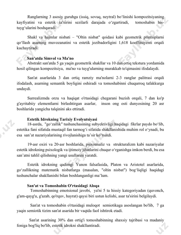 asi kabi geometrik printsiplarni qoʻllash asarning muvozanatini va estetik jozibadorligini 1,618 koeffitsiyenti orqali kuchaytiradi. san'atda simvol va ma'no abstrakt san'atda 5 ga yaqin geometrik shakllar va 10 dan ortiq tekstura yordamida hosil qilingan kompozitsiya, ma'no va tuyg'ularning murakkab to'qimasini ifodalaydi. san'at asarlarida 3 dan ortiq ramziy ma'nolarni 2-3 ranglar palitrasi orqali ifodalash, asarning semantik boyligini oshiradi va tomoshabinni chuqurroq tafakkurga undaydi. surrealizmda orzu va haqiqat o'rtasidagi chegarani buzish orqali, 7 dan ko'p g'ayritabiiy elementlarni birlashtirgan asarlar, inson ong osti dunyosining 20 asr boshlarida yangicha talqinini aks ettiradi. estetik idrokning tarixiy evolyutsiyasi 18-asrda, "go‘zallik" tushunchasining subyektivligi haqidagi fikrlar paydo bo‘lib, estetika fani sifatida mustaqil fan tarmog‘i sifatida shakllanishida muhim rol o‘ynadi, bu esa san’at nazariyalarining rivojlanishiga ta’sir ko‘rsatdi. 19-asr oxiri va 20-asr boshlarida, psixoanaliz va strukturalizm kabi nazariyalar estetik idrokning psixologik va ijtimoiy jihatlarini chuqur o‘rganishga imkon berdi, bu esa san’atni tahlil qilishning yangi usullarini yaratdi. estetik idrokning qadimgi yunon falsafasida, …