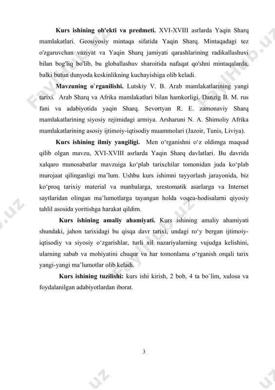 nlama o‘rganish orqali tarix yangi-yangi ma’lumotlar olib keladi. kurs ishining tuzilishi: kurs ishi kirish, 2 bob, 4 ta bo`lim, xulosa va foydalanilgan adabiyotlardan iborat. 1. xvi-xviii asrlarda yaqin sharqda siyosiy hayot 1453 yilda konstantinopolning turklar tomonidan bosib olinishi ularning vizantiya imperiyasining hududiy merosiga yakuniy kirishini anglatardi. turk musulmon dunyosi vizantiyaning “barcha shaharlar bir dunyo saltanati ostida yashagan va bir hukmronlikka ishongan” g‘oyasini birlashtirganini ko‘rdik. turk sultoni xalifa, ya'ni islomning oliy ruhoniysi bo'ldi. ammo vizantiya g'oyasini imperatorlik tushunchasidan farqli o'laroq, xalifa faqat musulmonlarni o'z fuqarolari deb hisoblardi. qolganlari esa "kuch bilan bo'ysundirilgan" aholi edi. ushbu aholining pravoslav qismi (va musulmon bo'lmaganlar, asosan, pravoslavlar) orasida, agar pravoslav podshosi hududida bo'lmasa, hech bo'lmaganda uning himoyasi ostida bo'lish istagi paydo bo'la boshladi. faqat rossiya pravoslav shohligi edi. bu vaqtda g'arbda "uyg'onish" bilan bog'liq ma'naviy tanazzul davri boshlandi: ya'ni nasroniylikdan chiqish, xristian axloqiy tamoyillarini nafaqat shaxsiy hayotda, balki siyosiy hayotda ham rahbarlik qilishdan bosh tortish. …