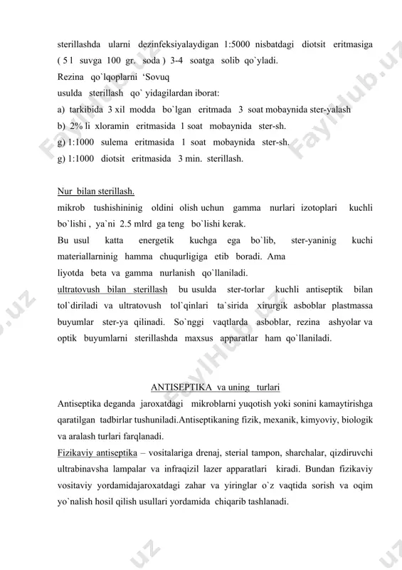 tiladigan barcha dorilar kiradi. biologik ant-kaga turli biologik dori moddalarni kiradi. bulardan maxsus vaksinalar , immun glabulinlar,qon plazma va anatoksinlar bemor organizmga kiritilganida uning umumiy immuniteti hamda mikroorganizmlarga bo`lgan kurashuvchanlik qobiliyati ortadi va natijada mikroblar organizmdan yo`qoladi. antibiotiklar , bakteriofaglar va anatoksinlar va anatoksinlar mikroblar to`qimasiga ta`sir qilib qilib uni yo`q qiladi yoki neytrallanadi. aralash ant-ka-yuqorida keltirilgan ant-ka turlarini tibbiyot amaliyotida qullashning foydasi va imkoniyati kamligi tufayli ular doimo birgalikda kompleks holatida ishlatiladi. shuning uchun aralash ant-ka amaliyotida juda ko`p ishlatiladi. antiseptik vositalar hozirgi vaqtda sonli antiseptiklar qo`llaniladi: 1.galloidlar.xloridlar 0.5 % eritmasi xirurg qulini zararsizlantirish, rezina qo`lqoplar ,katetarlar drenajlar ster-ya qilish, inf-ya tushgan jaroxatlarni tozalash va davolash , yiringli bo`shliqlarni yuvish uchun ishlatiladi. xloramin “b”- 2% li eritmasi xuiddi shu maqsadda ish—di. yodning spirtdagi eritmasi -5% li, opretsiya maydoniga , jarohat chetlariga surtish uchun dezinfeksiya qiladigan vositadir. yodanat – yodning suvdagi 1% li eritmasi sifatida operatsiya maydonini mikrobsizlantirish uchun ishlatiladi. …