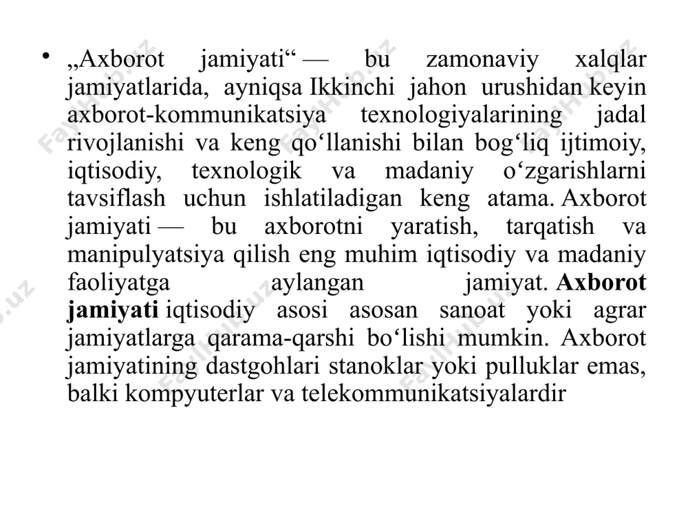 ʻzaro bogʻliqlik“ tuygʻusini beradi „axborot jamiyati“ atamasi garchi kompyuterlashtirish keng tarqalib, axborot va raqamli texnologiyalar faol rivojlana boshlagan paytda qoʻllanila boshlangan boʻlsada, 1940-yillarda kibernetikaning paydo boʻlishi bilan „axborot jamiyati“ tushunchasi paydo boʻlgan edi. bu tushuncha amerikalik olimlar k. shennon, n. wiener, d. fon neumann, ingliz mutafakkiri va kriptografi a. tyuring, rus matematiki a. n. kolmogorov kabi olimlarning nomlari bilan bogʻliq. „axborot jamiyati“ atamasining yaponcha versiyasi 1961-yilda kisho kurokava va tadao umesao oʻrtasidagi suhbatda paydo boʻlgan. keyinchalik bu atama t.umesao va f.machlup asarlarida qoʻllangan boʻlib, ular deyarli bir vaqtda — yaponiya va aqshda paydo boʻlgan. 1992-yildan boshlab bu atama gʻarb davlatlari tomonidan qoʻllanila boshlandi, masalan, aqshda „milliy global axborot infratuzilmasi“ tushunchasi milliy fan fondining mashhur konferensiyasi va undagi bill klinton va albert gorning mashhur maʼruzalaridan soʻng kiritildi. axborot jamiyati kontseptsiyasi yevropada axborot jamiyati boʻyicha eng obroʻli ekspertlardan biri martin bangemann boshchiligidagi yevropa komissiyasining axborot jamiyati dasturlari boʻyicha ekspert guruhi faoliyatidan kelib …