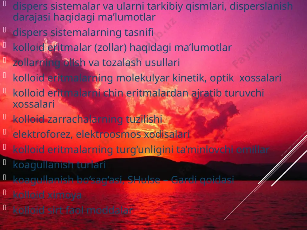 aryadli ionlarning kolloid zarracha agregatiga adsorbsiyalanmagan bir qismi diffuzion qavatni hosil qiladi. ularning soni (x) bilan belgilanadi. natriy xlorid ortiqcha bo‘lganda hosil bo‘lgan kumush xloridning kolloid zarrachalarini tuzilishini quyidagicha ko‘rsatish mumkin. adsorbsion qavatda potensial aniqlovchi ionlarinig soni qarama-qarshi zaryadli ionlarning soniga qaraganda katta bo‘lganligi (n >n-x) uchun granula zaryadini ishorasi potensial belgilovchi ionlar zaryadi bilan bir xil bo‘ladi. diffuzion qavatdagi qarama-qarshi zaryaddan ionlar granulaning erkin (ortiqcha) bo‘lgan zaryadini neytrallaydi. shuning uchun mitsellaning umumiy zaryadi nolga teng, ya’ni mitsella elektroneytraldir. kumush nitrat ortiqchaligida hosil bo‘lgan kumush xlorid zoli mitsellasining tushilishi kuyidagicha: iloji boricha barqaror kolloid eritmalarni olish va ularni hossalarini o‘rganish uchun ularni tarkibidagi xar-hil aralashmalarni, birinchi navbatda, kolloid eritmalarni olishda hosil bo‘lgan ortiqcha elektrolitlarni yo‘qotish zarur. kolloid eritmalarni tozalash uchun dializ, elektrodializ va ultrafiltratsiya usullaridan foydalaniladi. dializ bu kolloid eritmalarni yarim o‘tkazuvchi membranalardan o‘tish qobilyatiga ega bo‘lgan aralashmalardan tozalash jarayonidir. dializ o‘tkaziladigan asbob – uskunalar dializatorlar deyiladi. bu yo‘l bilan …