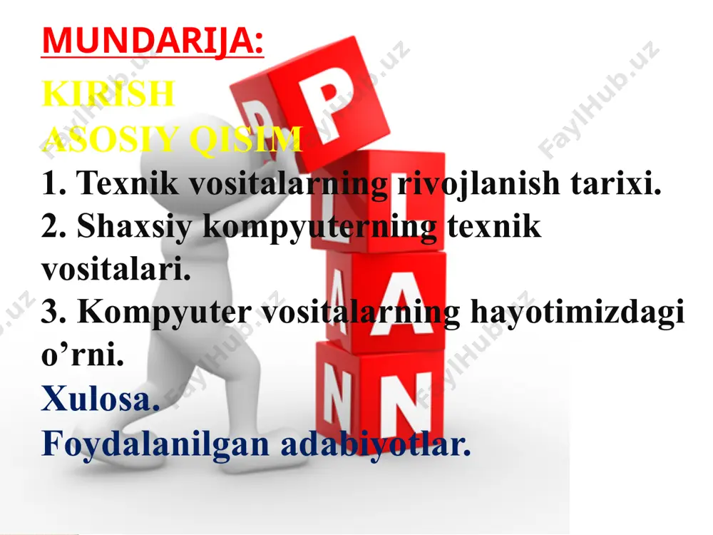 o’shilgan dasturiy ta’minot shu avlod ehm lariga misol 1-avlod 1946-1955 elektron lampa 10-20 ming boshqarish pulti, perfo karta mashina tili, dasturlash tili eniac, mesm, ural 2-avlod 1956-1965 tranzistor 100-500 ming perfolenta, magnitli baraban dispetchor, paket sistemasi ibm 707, besm-6, minsk-22 3-avlod 1966-1974 integral sxema videoterminal sistemasi operatsion sistemalar ibm 360, ec-1030 4-avlod 1975-… katta integral sxema rangli grafik displey ma’lumotlar ombori przvets, ibm, pentium. 1. texnik vositalarning rivojlanish tarixi. kompyuter tarixi – hisoblash amallarini yengillashtirish va bunday ishlarning katta hajmini avtomatlashtirishga urinishlar bilan chambarchas bog’liqdir. hisoblash texnikasining rivojlanish davri 4 ta davrga bo’linadi. bu davrlar bir-biri bilan ishlash tamoili (printsipi), tezligi, imkkoiyatlari bilan farqlanadi. davrlar: 1. mexanik mashinalargacha bo’lgan davr. 2. mexanik mashinalar. 3. elektromexanik mashinlar. 4. elektron hisoblash mashinlari davri. tabiiy hisoblash vositalari qo’l va oyoq barmoqlari. i davr. hisoblsh amallarini bajarish uchun qadimgi greklarda eramizdan avvalgi 5-4 asrda soddagina – abak qurilmasi paydo bo’lgan. yaponlarda – serobyan, xitoyliklarada …