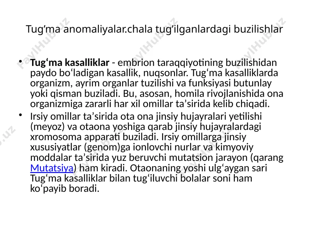 ning odatdagidan kuchlirok, rivojlanishi, mas., odam terisida shox modda taraqqiy qilishi (giperplaziya, gipergeneziya); organlar sonining koʻpayishi yoki kamayishi (mas., qoʻl va oyoq barmoqlarining koʻp boʻlishi — polidaktiliya); toq koʻzlilik (siklopiya); organning odatdagi joyidan boshqa tomonda joylashishi (mas., yurakning koʻkrak qafasit oʻngga, jigarning qorin boʻshligʻida chapga; taloqning esa oʻngda joylashishi va boshqalar) kuzatilishi mumkin e’tiboringiz uchun raxmat. image1.png image2.png image3.png image4.png /docprops/thumbnail.jpeg