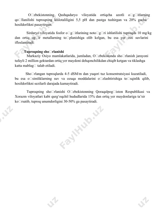 ston respublikasining cho'l zonalarida tuproqning pestisidlar bilan ifloslanishini kamaytirish uchun, 20-30 sm chuqurlikka organik o'g'itlar qo'shish orqali, tuproqning unumdorligini 15-20% ga oshirish mumkin. oʻgʻitlarning salbiy oqibatlari xorazm viloyatining choʻl zonalarida yuqori miqdorda kaliyli oʻgʻitlar qoʻllash tuproqning tuzilishini buzgan va 30% ga yaqin suv oʻtkazuvchanligini kamaytirgan. oʻzbekistonning qashqadaryo viloyatida ortiqcha azotli oʻgʻitlarning qoʻllanilishi tuproqning kislotaliligini 5,5 ph dan pastga tushirgan va 20% gacha hosildorlikni pasaytirgan. sirdaryo viloyatida fosfor oʻgʻitlarining notoʻgʻri ishlatilishi tuproqda 10 mg/kg dan ortiq ogʻir metallarning toʻplanishiga olib kelgan, bu esa yer osti suvlarini ifloslantiradi. tuproqning shoʻrlanishi markaziy osiyo mamlakatlarida, jumladan, oʻzbekistonda shoʻrlanish jarayoni tufayli 2 million gektardan ortiq yer maydoni dehqonchilikdan chiqib ketgan va tiklashga katta mablagʻ talab etiladi. shoʻrlangan tuproqlarda 4-5 dsm/m dan yuqori tuz konsentratsiyasi kuzatiladi, bu esa oʻsimliklarning suv va ozuqa moddalarini oʻzlashtirishiga toʻsqinlik qilib, hosildorlikni sezilarli darajada kamaytiradi. tuproqning shoʻrlanishi oʻzbekistonning qoraqalpogʻiston respublikasi va xorazm viloyatlari kabi qurgʻoqchil hududlarida 15% dan ortiq yer maydonlariga …