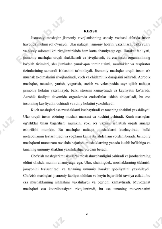 , shuningdek, mushaklarning tiklanish jarayonini tezlashtiradi va tananing umumiy harakat qobiliyatini yaxshilaydi. cho'zish mashqlari jismoniy faoliyat oldidan va keyin bajarilishi tavsiya etiladi, bu esa mushaklarning ishlashini yaxshilaydi va og'riqni kamaytiradi. muvozanat mashqlari esa koordinatsiyani rivojlantiradi, bu esa tananing muvozanatini saqlashda yordam beradi. ushbu mashqlar, ayniqsa, qariyalarda muhim ahamiyatga ega, chunki ular tushish xavfini kamaytiradi. jismoniy mashqlarni bajarish, nafaqat jismoniy rivojlanishga, balki ruhiy salomatlikning yaxshilanishiga ham olib keladi. muntazam jismoniy faoliyat stressni kamaytiradi, kayfiyatni yaxshilaydi va insonning umidsizlik kabi salbiy his-tuyg'ularini engishga yordam beradi. jismoniy mashqlarni bajarganda, organizmda serotonin va dopamin kabi kimyoviy moddalar ishlab chiqariladi, bu esa ruhiy holatni yaxshilaydi. bunday holat, o'z navbatida, ish faoliyatini va shaxsiy hayotni yaxshilashga yordam beradi. bundan tashqari, jismoniy mashqlar ijtimoiy aloqalarni rivojlantirishda ham muhim ahamiyatga ega. sport bilan shug'ullanish orqali inson yangi do'stlar orttirishi, jamoa bilan ishlash ko'nikmalarini rivojlantirishi va ijtimoiy aloqalarni kengaytirishi mumkin. bu, ayniqsa, bolalar va o'smirlar uchun muhimdir, chunki ular …