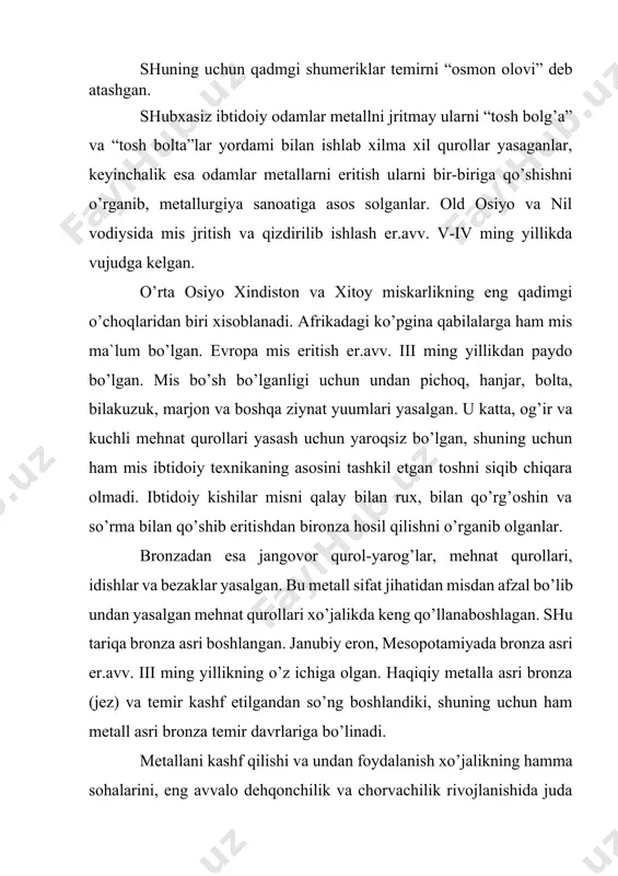 rritoriyasida er xaydov qurollari keng ko’lamda qo’llanilgan. lekin bronza bo’sh bo’lganligi tufayli, undan omoch tishi tayyorlash yaxshi natija bermagan va haydov qurollarining tishi yog’ochigicha qolabergan. lekin temir vujudga kelishi bu sohada katta o’zgarishlar bo’lishiga sabab bo’lgan. dastlabki, omochni tortish odamlar zimmasiga tushgan bo’lsa kerak, lekin keyinchalik esa hayvonlardan tortuvchi kuch sifatida foydalanganlar. bu hol motiga dehqonchiligidan erni haydab ekishga o’tishga olib keldi va haydov dehqonchiligi er yuzining katta qismiga tarqaldi. chunki omoch asosidagi dehqonchilik o’zining ish unumi, xo’jalik natijasi bilan motiga asosidagi dehqonchilikdan juda yuqori turgan. chunki u odamlarni ko’p miqdorda doimiy ovqat bilan ta`minladi. ayniqsa sun`iy sug’orishga asoslangan qadimgi sharq va o’rta osiyoda haydov dehqonchiligi alohida ahamiyat kasb etdi. temir tishli omoch orqasida ... miqyosida dehqonchilik ishi bilan, dalachilik ishi bilan shug’ullanish va shu bilan birga o’sha dvaqtdagi sharoitlar uchun amaliy jihatdan cheksiz ravishda turmush mablag’larini ko’paytirish mumkin bo’ldi. haydov dehqonchiligiga o’tish bilan tortish kuchiga ega bo’lgan hayvonlarga talabning …