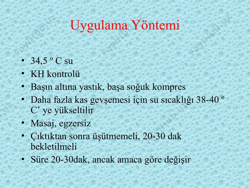 egzersizler (aşağı-yukarı) 2. aktif lateral egzersizler: su yüzeyinde yapılan suyun kaldırma kuvvetinden faydalanarak hastanın kendi kendine yaptığı (yana-açma) 3. su üstünde yapılan aktif egzersizler 4. aktif dirençli egzersizler 5. pasif egzersizler sicaklik 33-40 °c aktif hareketlerde ve kas reedükasyonunda düşük sicaklik, kas gevşetilmesinde, sedatize etmek ve yumuşak dokuları germek için yüksek sicaklik süre:10-30 dakika endi̇kasyonlari poliomyelit parapleji kas inkoordinasyonu nörolojik durumlar akut veya kronik bel ağrıları kırıklar, kas ve tendon transplantasyonları subluksasyonlar yanıklar, kurşun yaralanmaları amputasyon romatoid artrit serebral palsi kontraendi̇kasyonlari akut enfeksiyonlar ateşli hastalıklar tüberküloz, nefrit koroner kalp hastalıkları progresif anemi enfeksi̇yonlara engel olmak i̇çi̇n 1. soğuk algınlığı ve temas yoluyla geçebilecek deri hastalığı olanlar tanka alınmamalı, çok iyi dezenfeksiyon sağlanmalı 2. subakut devredeki polio’lu çocuklar beraber tedaviye alınabilir 3. her uygulamadan sonra tankın suyu boşaltılmalı ve dezenfekte edilmeli hastalar hiçbir zaman yalnız bırakılmamalıdır duşlar ve spreyler çeşitleri 1. ev tipi 2. geniş bir yüzeyden tüm vücuda uygulanabilenler 3. …