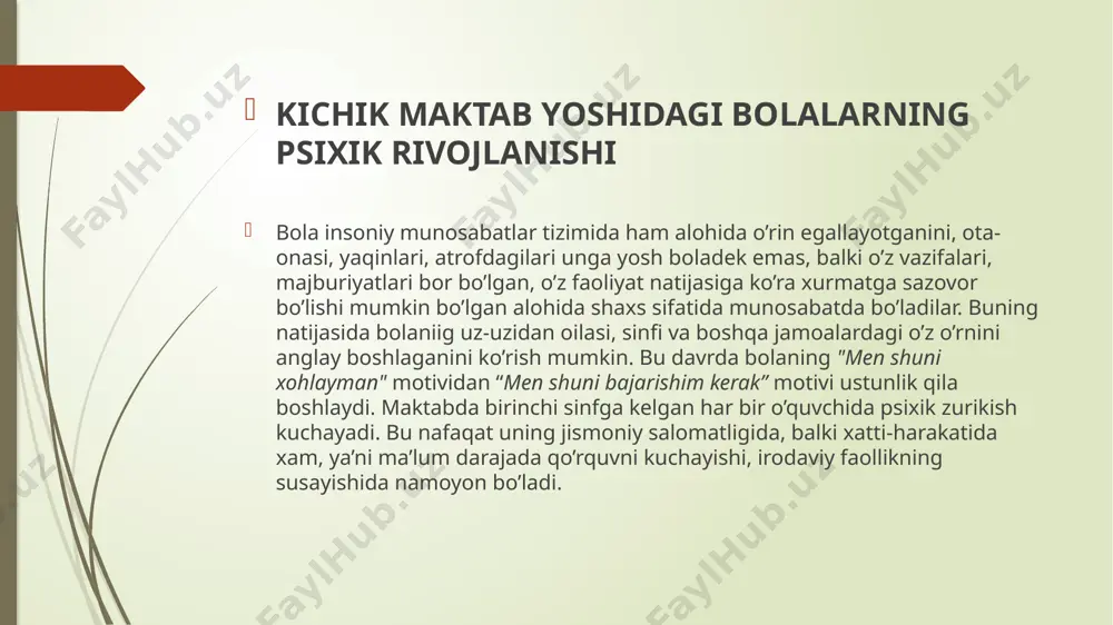 kuni maktabga borish istagi yotadi. kichik maktab yoshi davrida motivatsion sohadagi rivojlanish xususiyatlari (o’quv faoliyati, shaxslararo munosabatlarning motivatsion asoslari), kichik maktab yoshidagi o’quvchilarda aqliy va o’quv materialini o’zlashtirish imkoniyatlari ancha yuqori hisoblanadi. to’g’ri tashkil etilgan ta’limda bu yoshdagi bolalar o’rta maktab dasturida ko’rsatilgan bilimlarga nisbatan ko’proq bilimlarni tushunishlari va o’zlashtirishlari mumkin. kichik maktab yoshidagi bolalarning o’ziga xos xususiyatlaridan yana biri shundaki, shu davrdan boshlab, o’quv materialini o’zlashtirmaslikning dastlabki belgilari ko’zga tashlanadi. o’zlashtirmaslikning asosiy sabablari; bu aqliy taraqqiyot va uquvchanlikning birmuncha orqada qolishidir n.s.leytes mulohazalariga ko’ra inson yoshi ulg’aygan sari aqliy rivojlanish darajasi birmuncha kutariladi, uquvchanlik esa birmuncha pasayadi. kichik maktab yoshidagi bolalarning uquvchanligi, albatta, o’smir va o’spirinlarga nisbatan yuqori, lekin o’smir va o’spirinlarning aqliy rivojlanganligi boshlang’ich sinf o’quvchilariga nisbatan yuqoridir. kichik maktab yoshidagi o’quvchi faolligining asosan uch xil ko’rinishi mavjud bo’lib bular jismoniy, psixik va ijtimoiy faollikdir. jismoniy faollik - sog’lom organizmning harakat qilishga bo’lgan turli mavjud to’siqlarni engishdagi tabiiy …