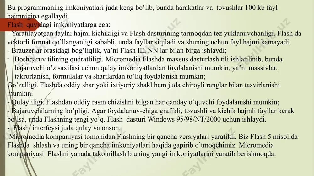 ida birir programma o’rnatgan foydalanuvchi uchun, flash dasturini o’rnatish qiyinchilik yaratmaydi. flash dasturi ishga tushirilgach quyidagi oyna paydo bo’ladi.(1- rasm). 1-rasm. flash 5 oynasining umumiy ko’rinishi. 1- rasmda flash 5 oynasining umumiy ko’rinishi keltirilgan. flash interfeysi adobe dasturining interfeysiga juda o’xshashdir. flash bilan islaganda foydalanuvchi uning qulayligi va soddaligidan micromedia firmasining bu dasturga juda ko’p mehnati singanligini bilishi mumkin. flash 5 oynasi quyidagi ko’rinishga ega: - oynaning chap qismida vositalar paneli joylashgan. (2-rasm) vositalar paneli yordamida kerakli vosita quroli olinib, ishchi muxitini boshqarish va kerakli ranglarni tanlash mumkin; - oynaning o’ng tomonida esa, kerakli panel, ranglar, ob’ektni sozlash va dialog oynasi joylashgan; - oynaning o’rta qismida ishchi muxiti bo’lib, unda bajaruvchi o’z ijodini yaratishi mumkin; - panelning yuqori qismida esa vaqtlar shkalasi joylashgan (time line). ( 4-rasm). flashda chizish juda onson. buning uchun vositalar panelidagi qurollardan foydalanish kerak. 2-rasmda vositalar panelining umumiy ko’rinishi keltirilgan. flash fayllarini film (movie) yoki «multik» …
