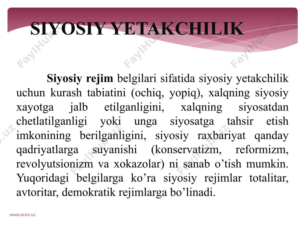 ayonning bir qismi sifatida qaramoqdalar. 2. norasmiy yetakchilarning roli va ta’siri ortib bormoqda. 3. yetakchilar faoliyati iqtisodiy va ijtimoiy muam­molarni xal qilishga ko’proq qaaratilyapti. bu yetakchi faoliyati bilan bog’liq ravishda u yoki bu millatning turmush darajasining o’sishida namoyon bo’lmoqda. 4. demokratik nazoratning rivojlanishi bois yetakchi-qaxramon va yetakchi-antiqaxramon kabi siyosatchilarning, paydo bo’lishi extimoli kamaymoqda, yahni napoleon, gitler, lenin, stayain kabilar paydo bo’lmayapti. 5. xokimiyatlar bo’linishi va fuqarolik jamiyati, chegaralarining kengayishi xisobiga siyosiy yetakchi xokimiyati xam cheklanyapti. siyosiy yetakchilik rivojlanishi www.arxiv.uz siyosiy elita tarkibi iqtisodiy elita madaniy elita oliy o’rta ma’muriy siyosiy elita www.arxiv.uz jamiyatni xatosiz boshqarishning eng yuksak tartiblari va qoidalari yaratilganda xam, bu tartib va qoidalarni xayotga tatbiq eta oladigan oqilona ma’muriy apparat (siyosiy elita) bo’lmas ekan, barcha xarakatlar zoe ketishi mumkin. siyosiy elita o’z-o’zidan shakllanmaydi. u jamiyatda zarur siyosiy shart-sharoitlar vujudga kelgandagina yetakchi kuch sifatida maydonga chiqadi. uni shakllantiruvchi siyosiy kuch sifatida mamlakatdagi siyosiy partiyalar, siyosiy xarakatlar, jamoat tashkilotlari …