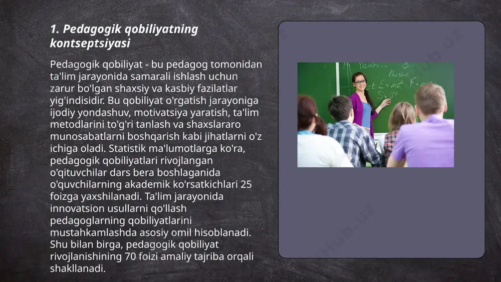 i jamoaviy ishlarga jalb qilish orqali hamkorlik va muloqot koʻnikmalarini ragʻbatlantirish. ... t.me/slaydai_bot shaxsiy va ijtimoiy qobiliyatlar insonning ijtimoiy hayotda muvaffaqiyatli bo'lishi uchun muhimdir. shaxsiy qobiliyatlar o'z-o'zini anglashi, o'ziga ishonchi, muammolarni hal qilish va vaqtni boshqarish bilan belgilanadi. ijtimoiy qobiliyatlar esa muloqot qilish, jamoaviy ishga qo'shilish, boshqalarni tushunish va empatiya ko'rsatishga qaratilgan. tadqiqotlarga ko'ra, stressni boshqarish qobiliyati yuqori bo'lgan shaxslar mehnat bozorida 26% ga muvaffaqiyatliroq bo'lishlari mumkin. effektiv muloqot qila oladigan insonlar esa ijtimoiy munosabatlarda 28% ga ko'proq muvaffaqiyat qozonadi. shuning uchun, ushbu qobiliyatlarni rivojlantirish muhim ahamiyatga ega. ... t.me/slaydai_bot 7. insoniy munosabatlar o'rnatish insoniy munosabatlar o'rnatish jarayoni insonlarning o'zaro aloqalari va muloqotlari orqali sodir bo'ladi. bu munosabatlar samimiylik, hamdardlik va hurmat asosida bo'lib, ijobiy muloqotlar orqali mustahkamlanadi. odamlar o'rtasida o'zaro ishonch va qo'llab-quvvatlash tuyg'usini rivojlantirish insoniy munosabatlarning muhim qismidir. muloqotning ko'nikmalari: tinglash va to'g'ri javob berish qobiliyati muhimdir, chunki bu suhbatga ishtirok etuvchi shaxslarning tushunishini oshiradi. har bir inson …