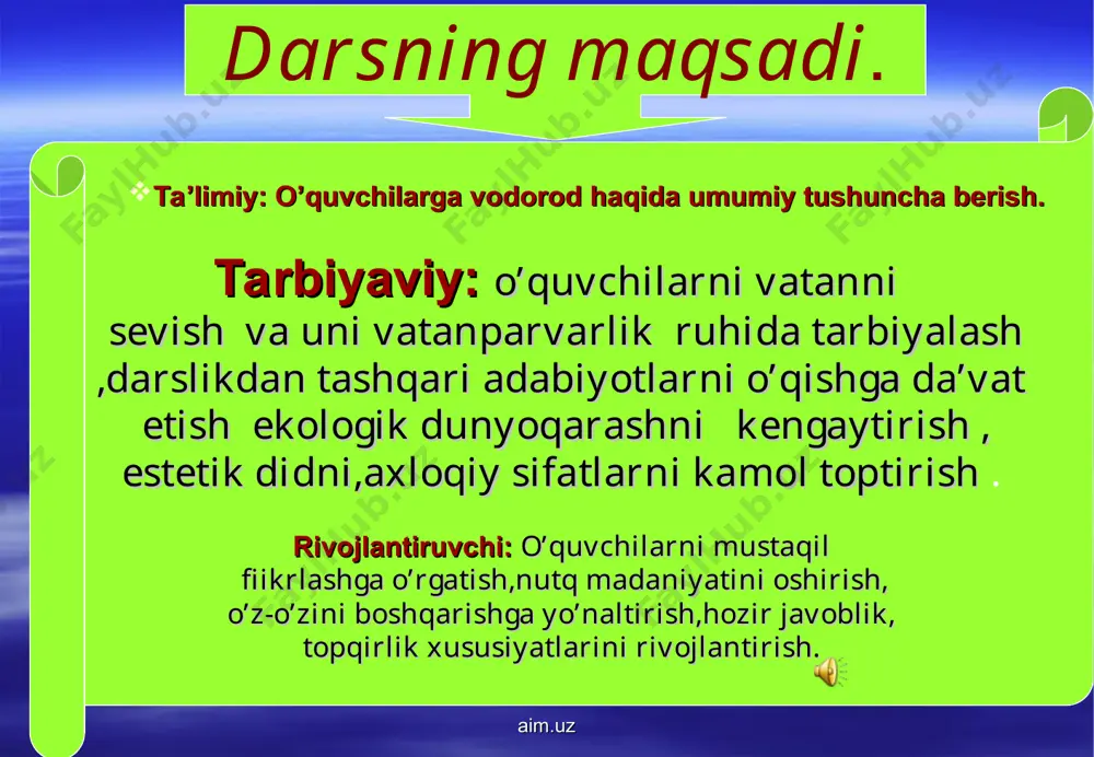 kipp apparati) 111-guruh. kavendish kashf etgan “yonuvchi havo’ni suv tarkibida kirishini qaysi olim aniqladi? (a. lavuaze) yulduzlar qarida vodorod atomlari qaysi atomga aylanadi? (geliy atomiga) gazli suvda qaysi kislota bo’ladi? (c02) yonuvchanligi natijasida issiqlik bera oladigan moddalar qanday nomlanadi? (yonilg’i) kislorod qaysi metallar bilan ta’sirlashmaydi? (oltin, kumush, platina) aim.uz aim.uz oddiy modda sifatida vodorod ikki atomdan tashki topgan h uning nisbiy mo eku ar massasi ≈ ga teng bo' ib eng yengi eng yaxshi issiq ik o'tkazuvchi gaz deb hisob anadi odatdagi sharoitda atmosfera havosida oz miqdorda uchraydi vodorod meta arda erish xususiyatiga ega undan tashqari eng yengi gaz sifatida eng katta diffuziya tezligiga ega uning mo eku a ari boshqa gaz mo eku a ariga nisbatan tegish i modda muhitida tez tarqa adi va turli to'siq ardan oson o'ta o adi yuqori bosim va haroratda uning bu qobiliyati uda ortib ketadi izik xossa ari vodorod rangsiz hidsiz ta'msiz gaz …